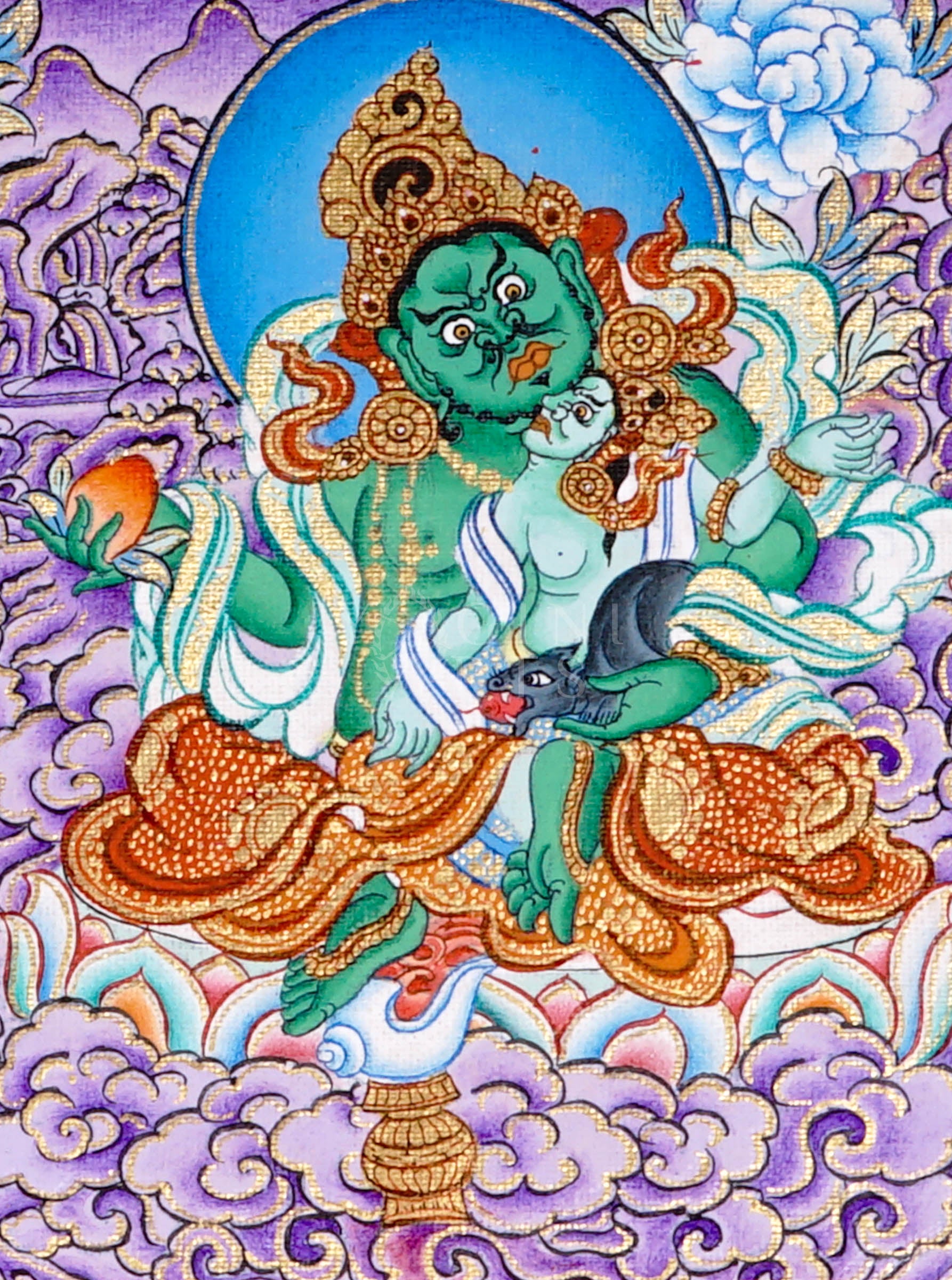 Panoramic Tibetan thangka of Five Dzambhala wealth deities seated on lotus thrones with jewel-spitting mongoose figures, set against a purple cloud and mountain landscape.