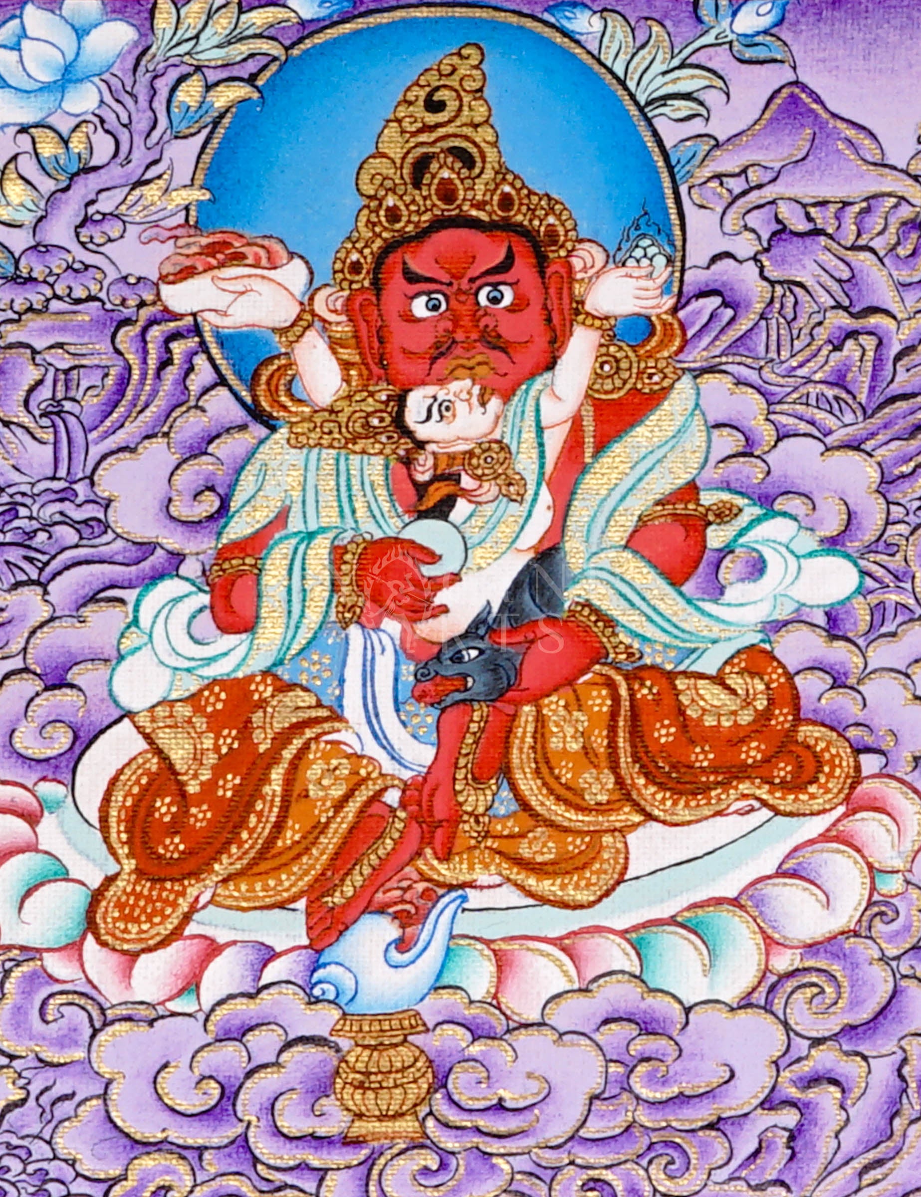 Panoramic Tibetan thangka of Five Dzambhala wealth deities seated on lotus thrones with jewel-spitting mongoose figures, set against a purple cloud and mountain landscape.