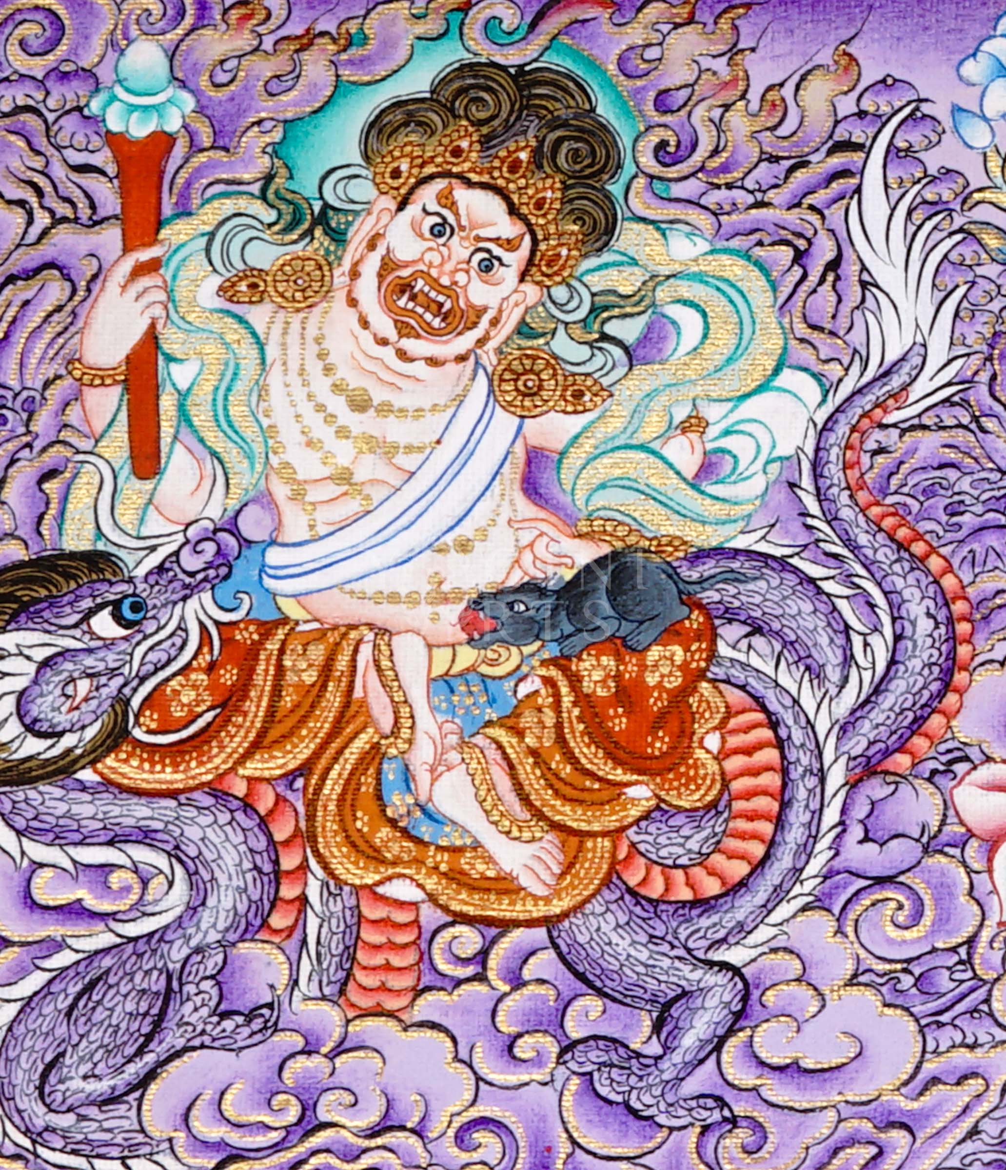 Panoramic Tibetan thangka of Five Dzambhala wealth deities seated on lotus thrones with jewel-spitting mongoose figures, set against a purple cloud and mountain landscape.
