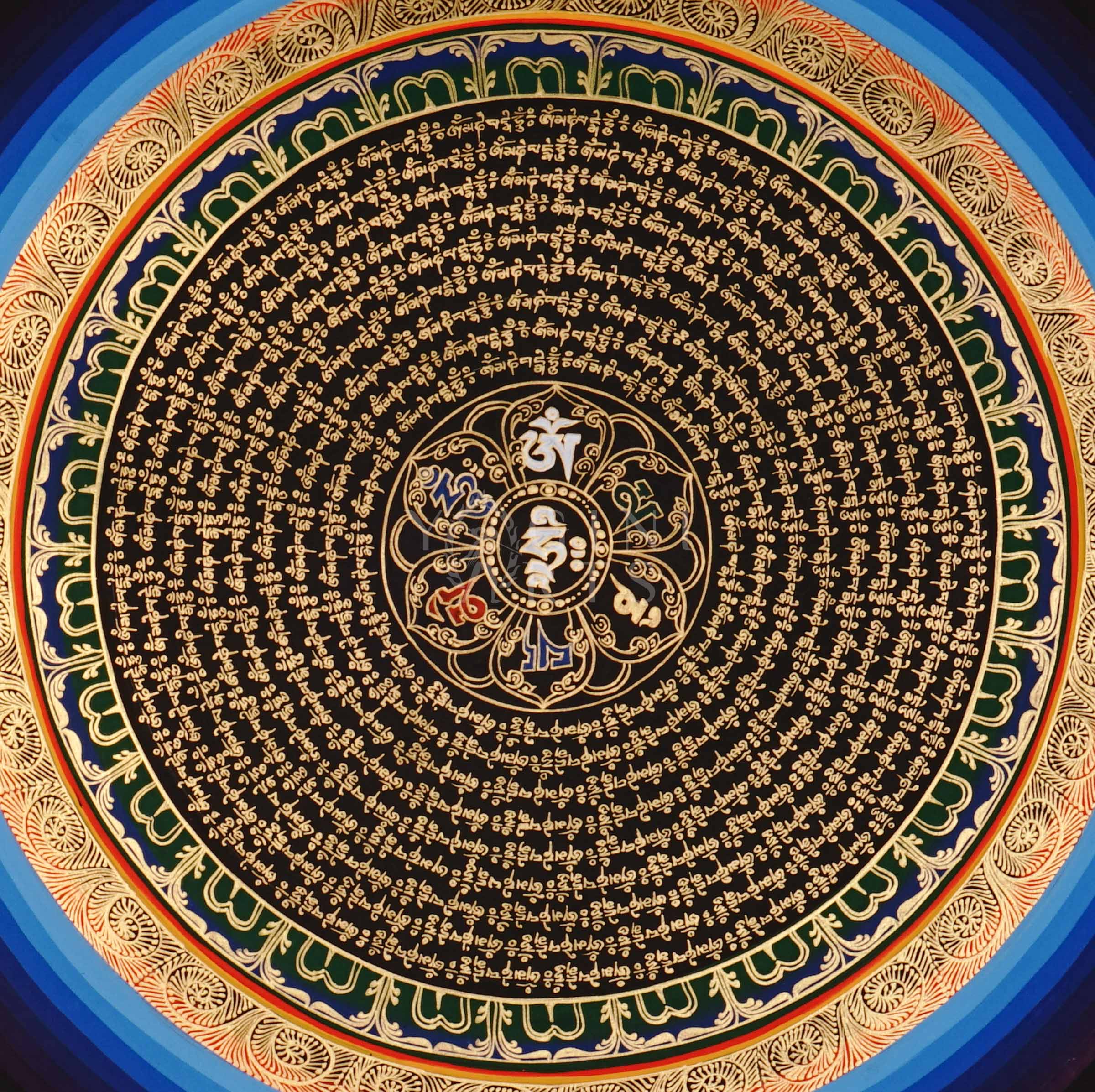 Black background Tibetan mantra mandala thangka with gold concentric script circles and central sacred syllable.