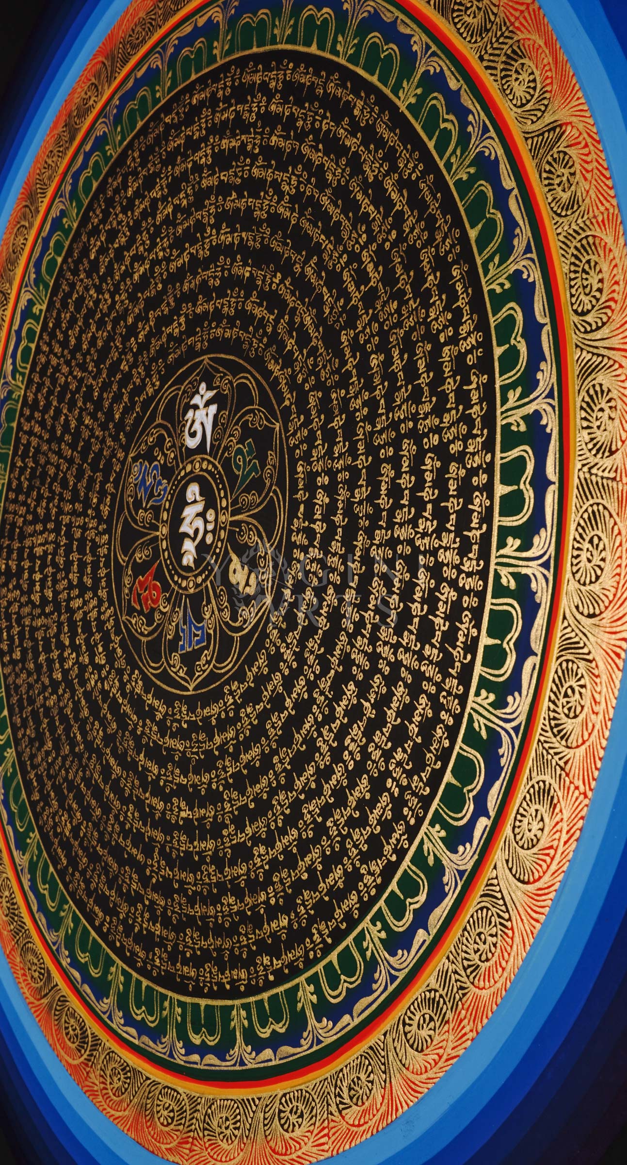 Black background Tibetan mantra mandala thangka with gold concentric script circles and central sacred syllable.