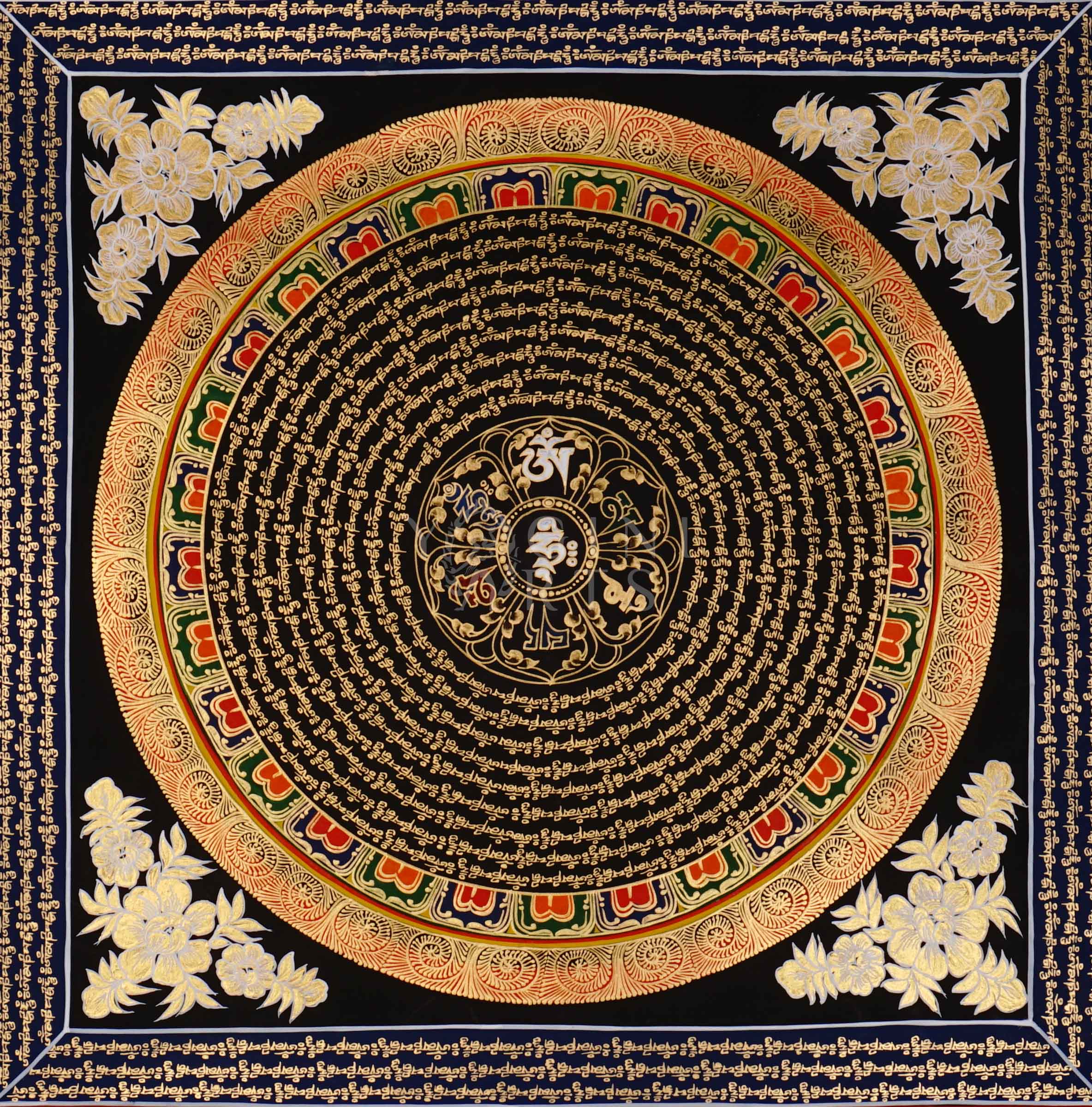 Tibetan mantra mandala thangka on black background with gold script, floral corner designs, and sacred border text.