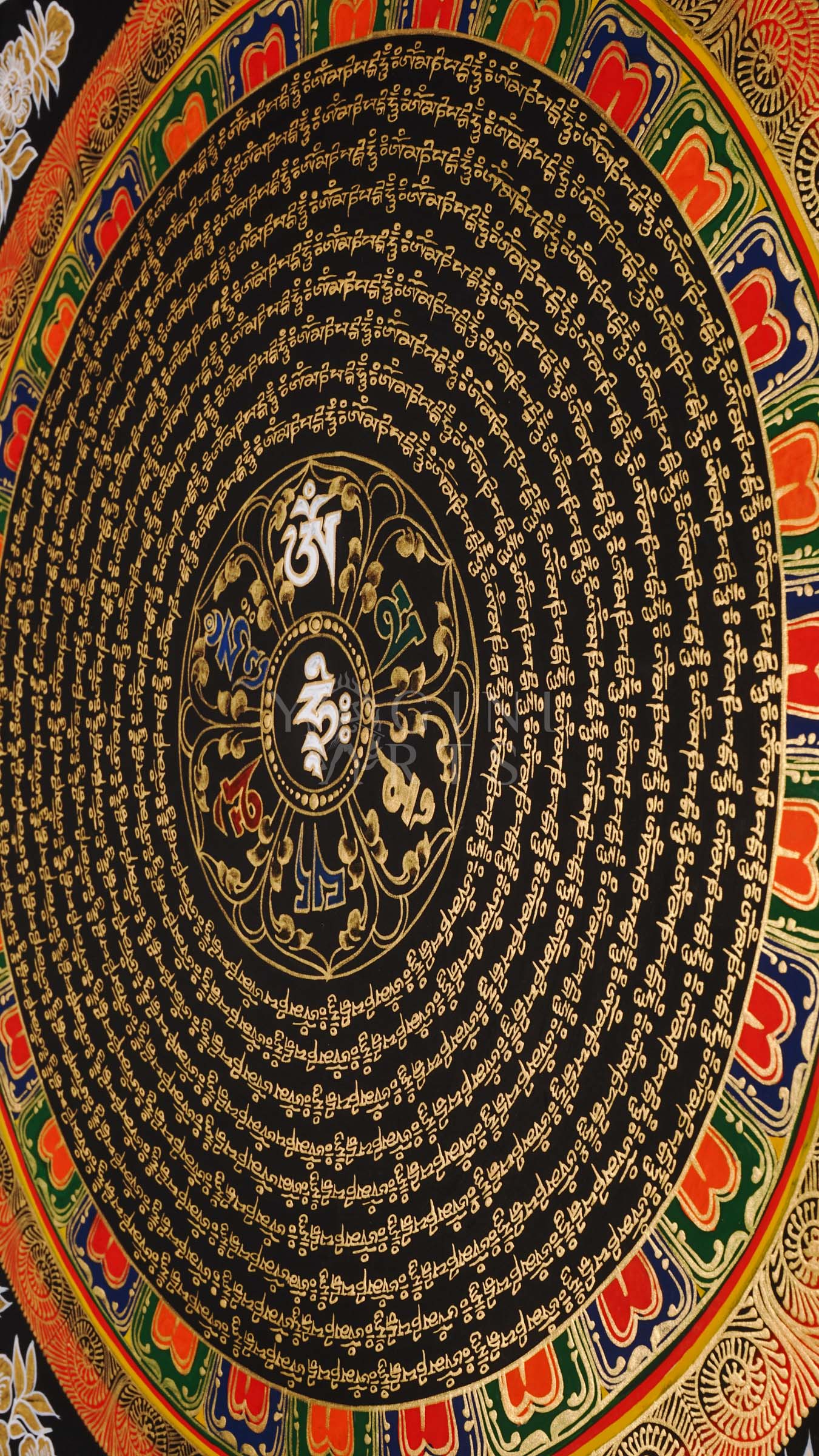 Tibetan mantra mandala thangka on black background with gold script, floral corner designs, and sacred border text.