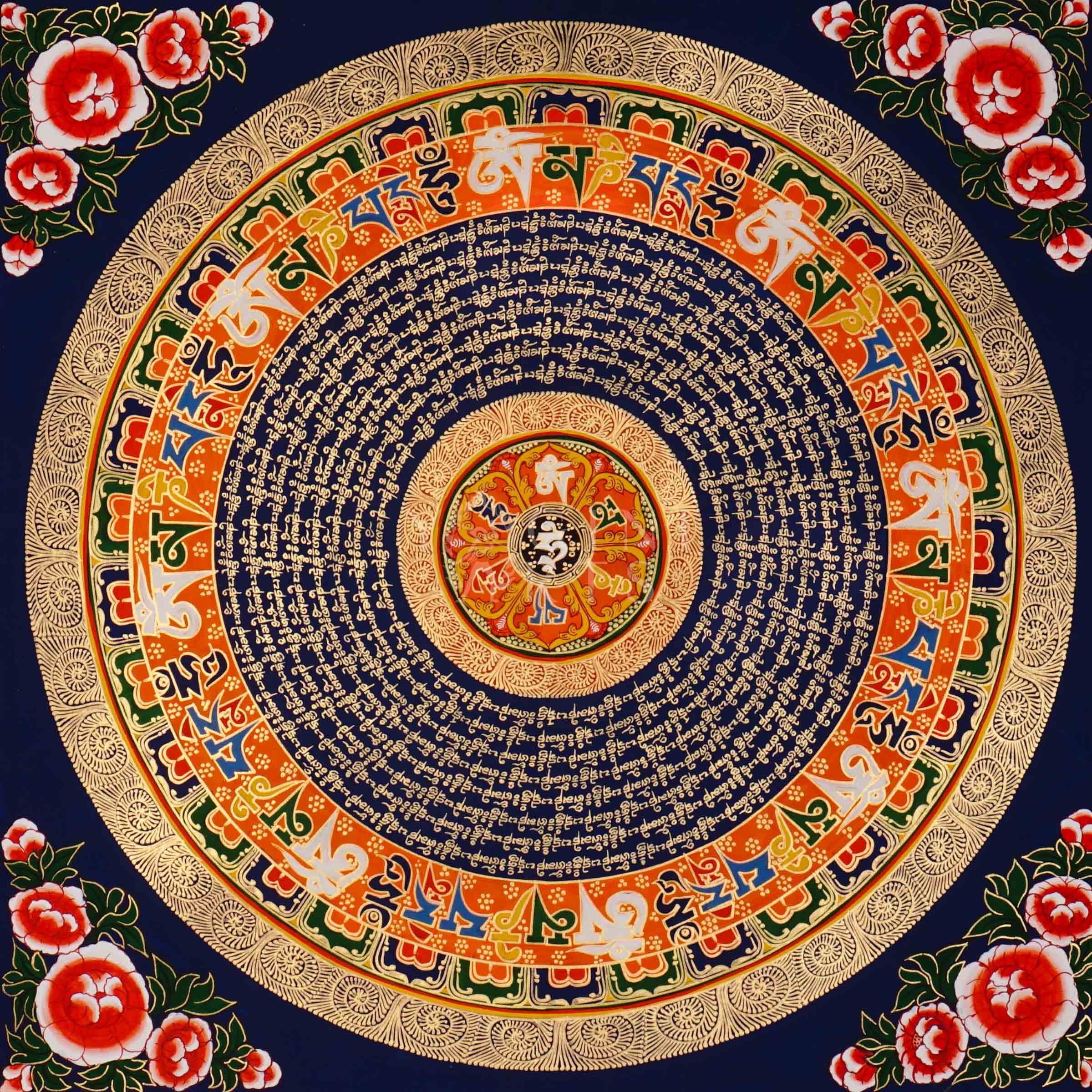 Tibetan mantra mandala thangka with blue background, gold script rings, colorful outer mantra band, and floral corner decorations.