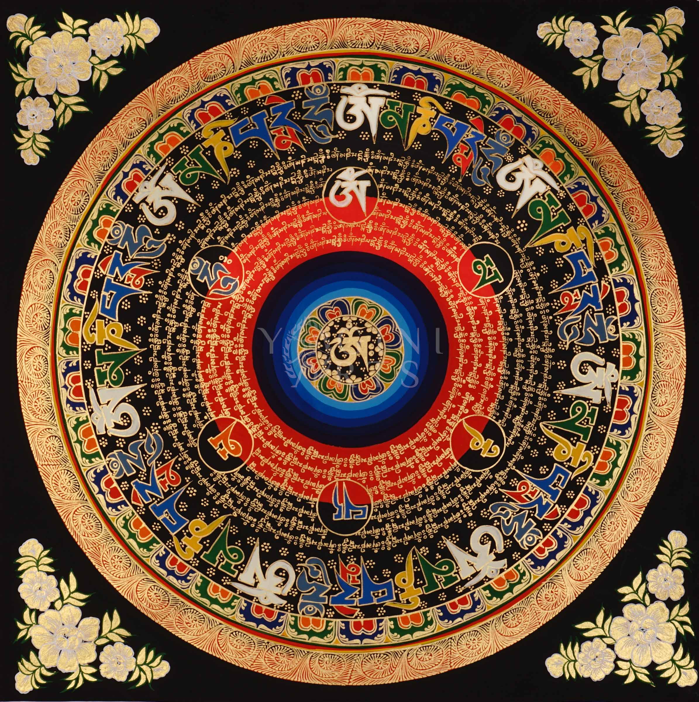 Tibetan mantra mandala thangka with black background, multicolor central rings, gold script circles, and floral corner designs.