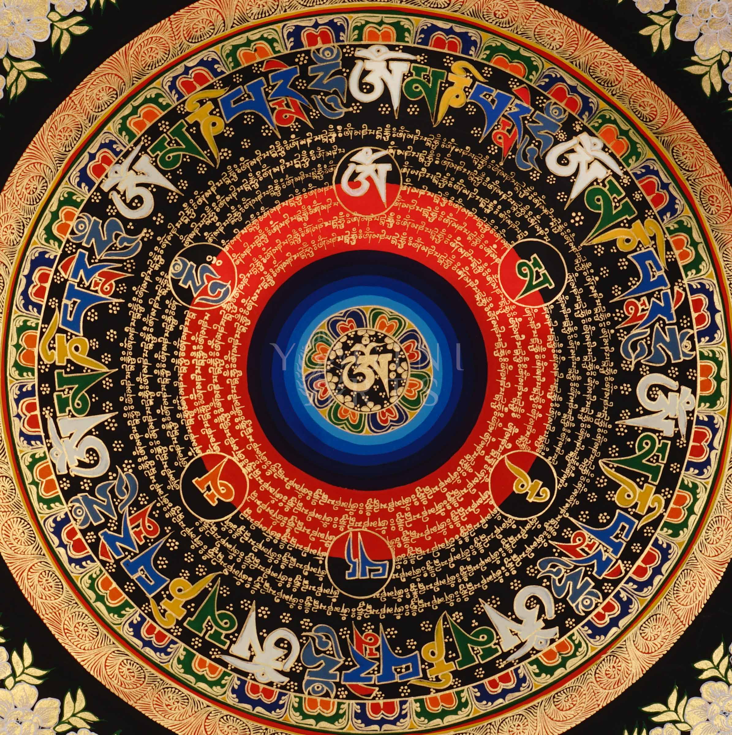 Tibetan mantra mandala thangka with black background, multicolor central rings, gold script circles, and floral corner designs.
