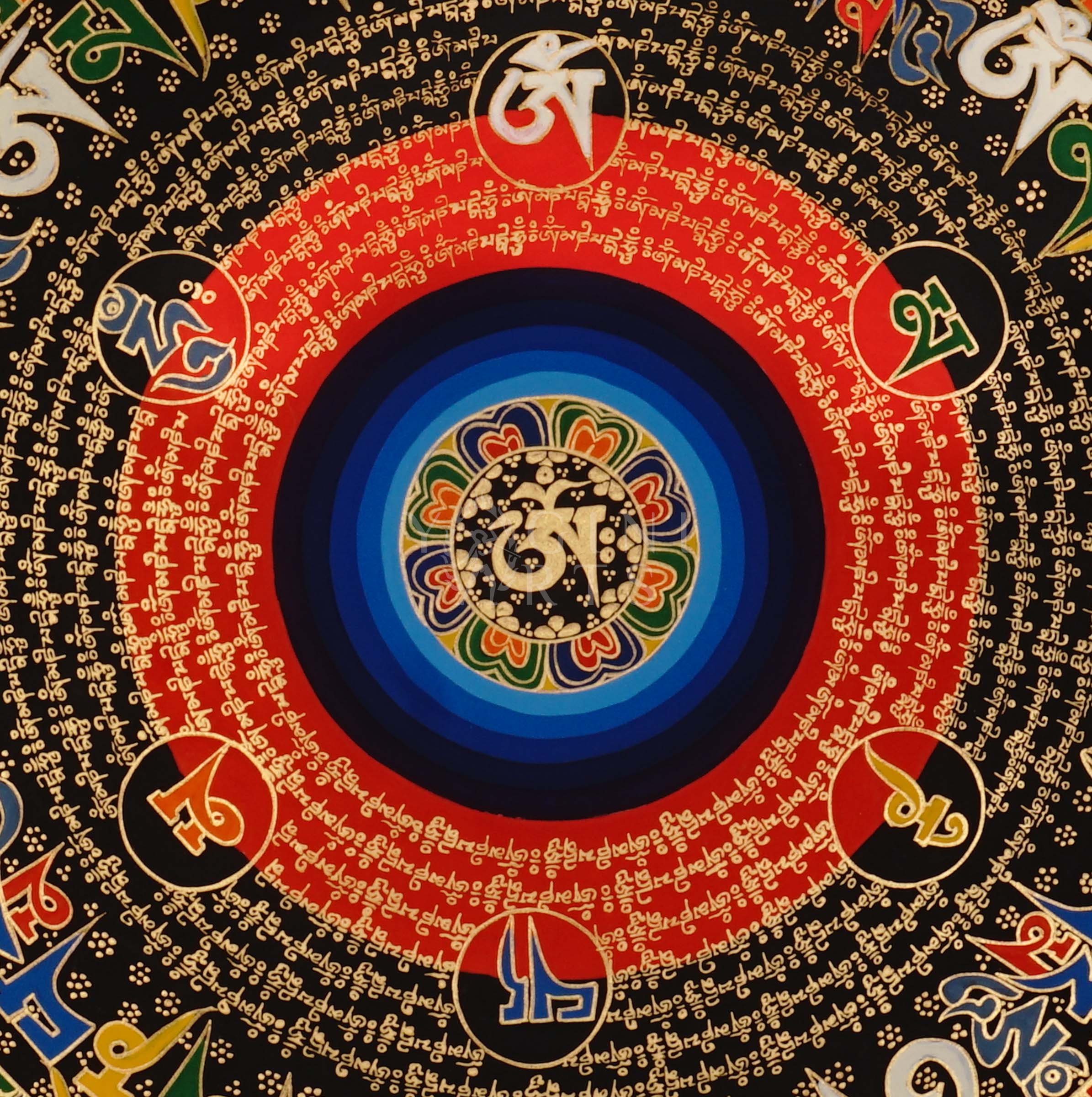 Tibetan mantra mandala thangka with black background, multicolor central rings, gold script circles, and floral corner designs.
