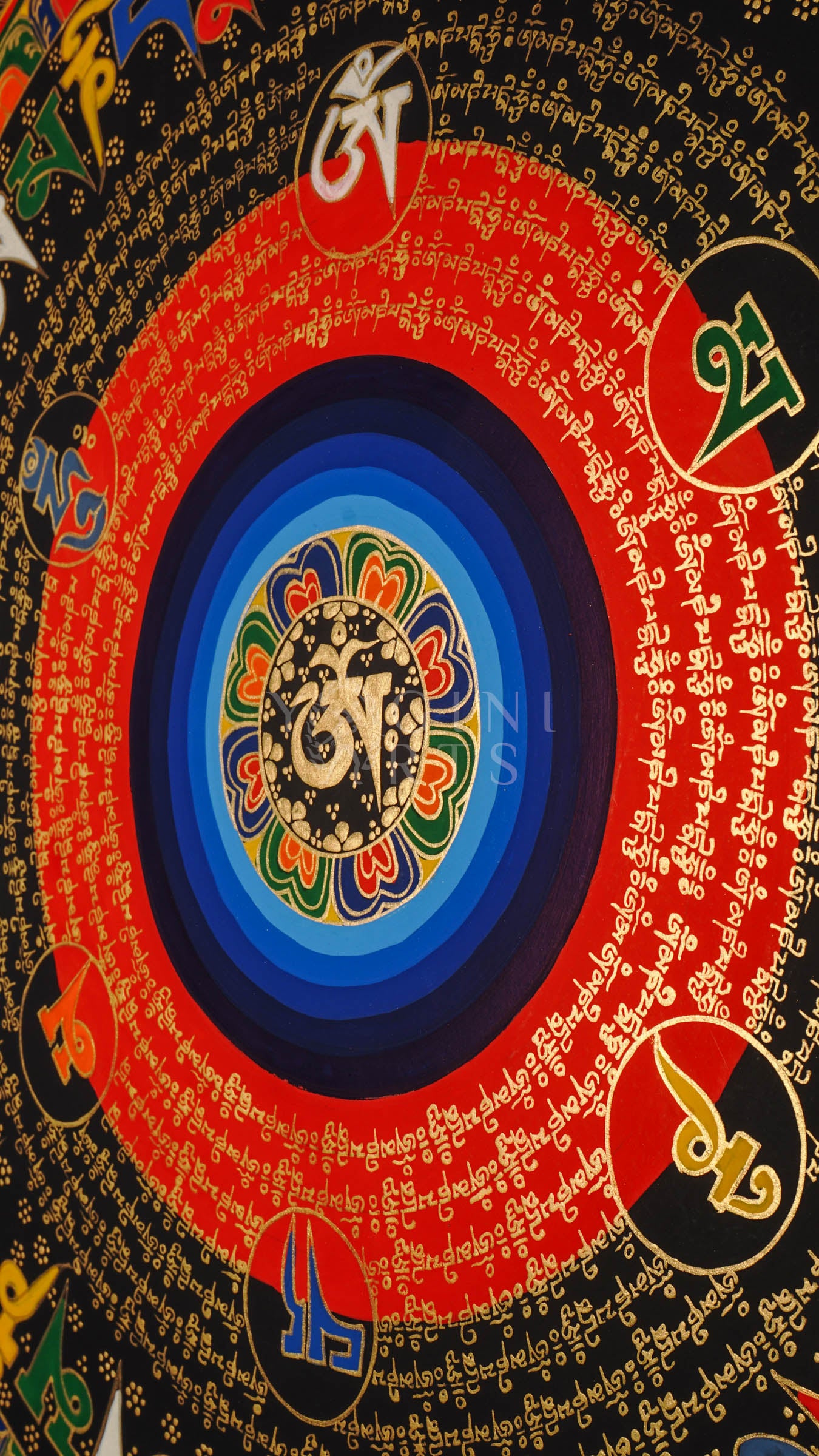 Tibetan mantra mandala thangka with black background, multicolor central rings, gold script circles, and floral corner designs.