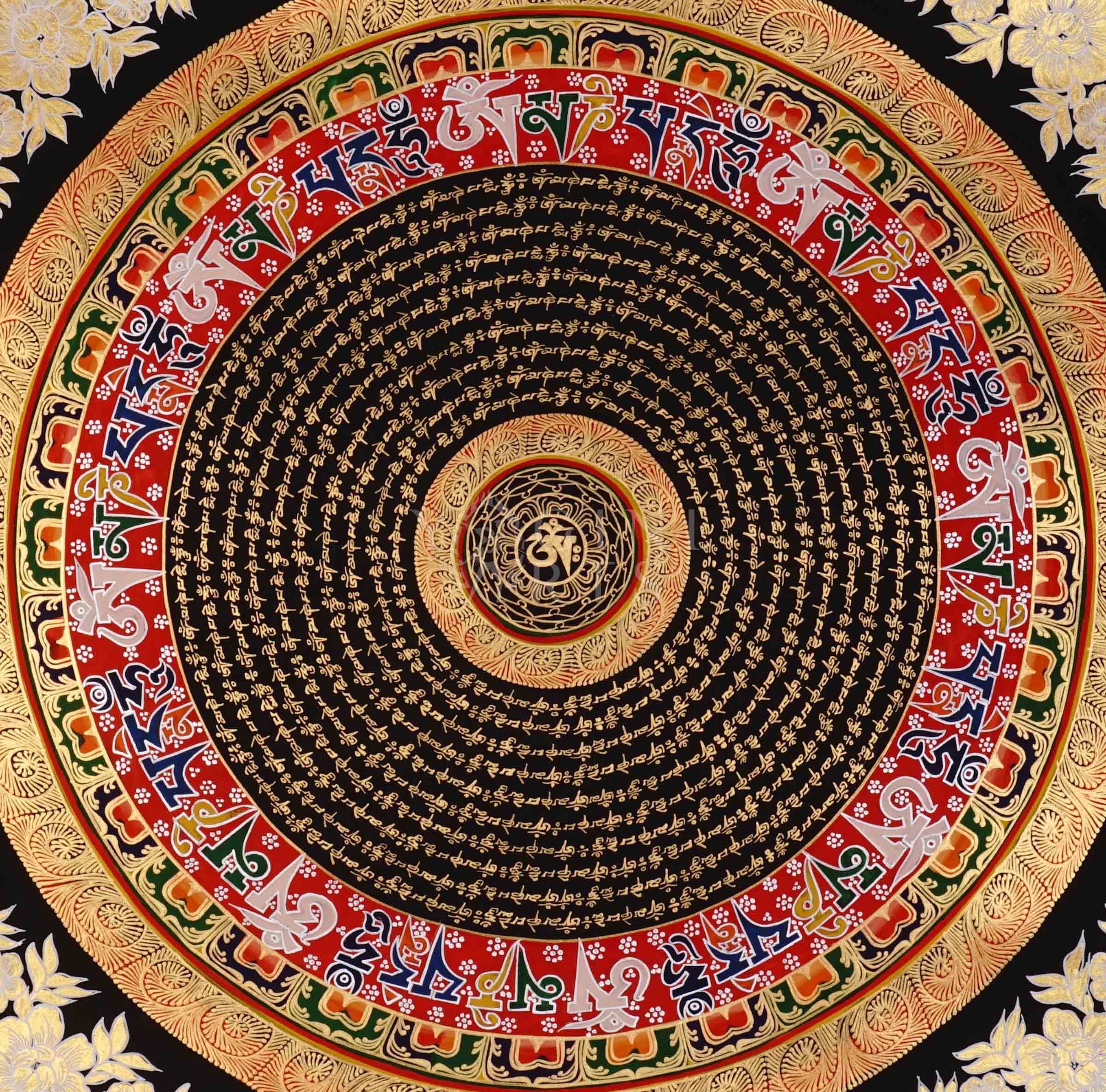 Tibetan mantra mandala thangka with black background, gold script rings, bold red outer mantra band, and floral corner decorations.