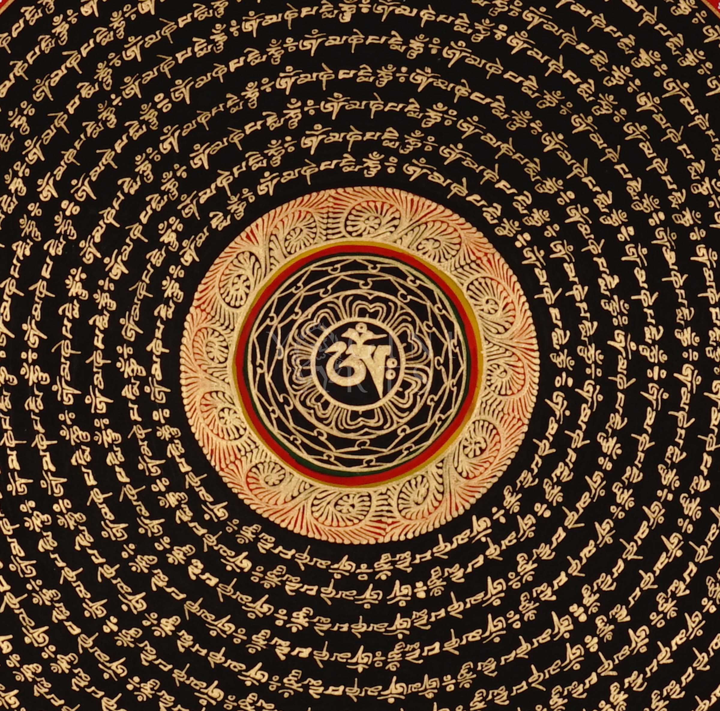 Tibetan mantra mandala thangka with black background, gold script rings, bold red outer mantra band, and floral corner decorations.
