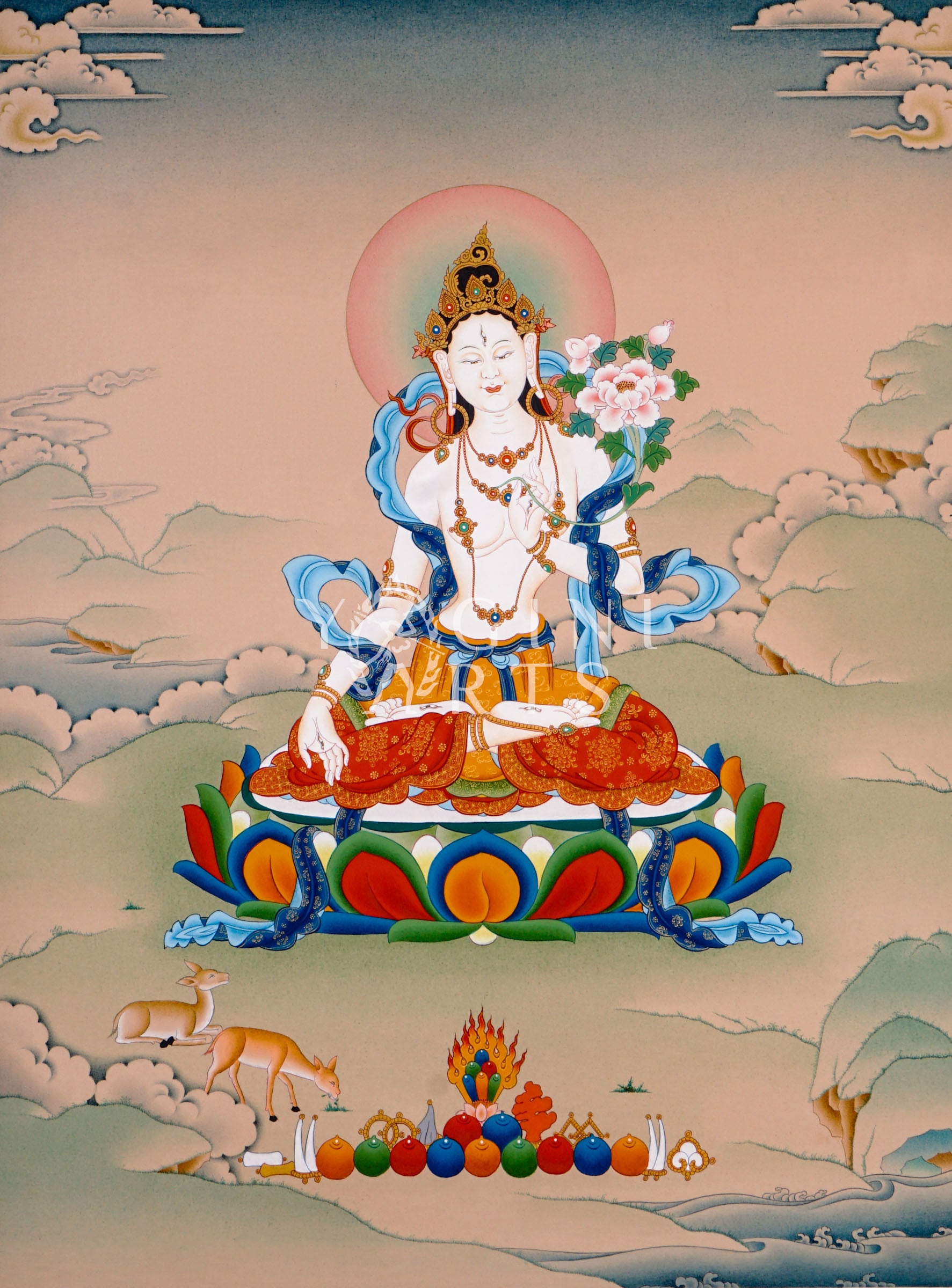 Hand-painted White Tara thangka featuring the Tibetan Buddhist goddess seated on a lotus throne holding a lotus flower within a peaceful Himalayan landscape