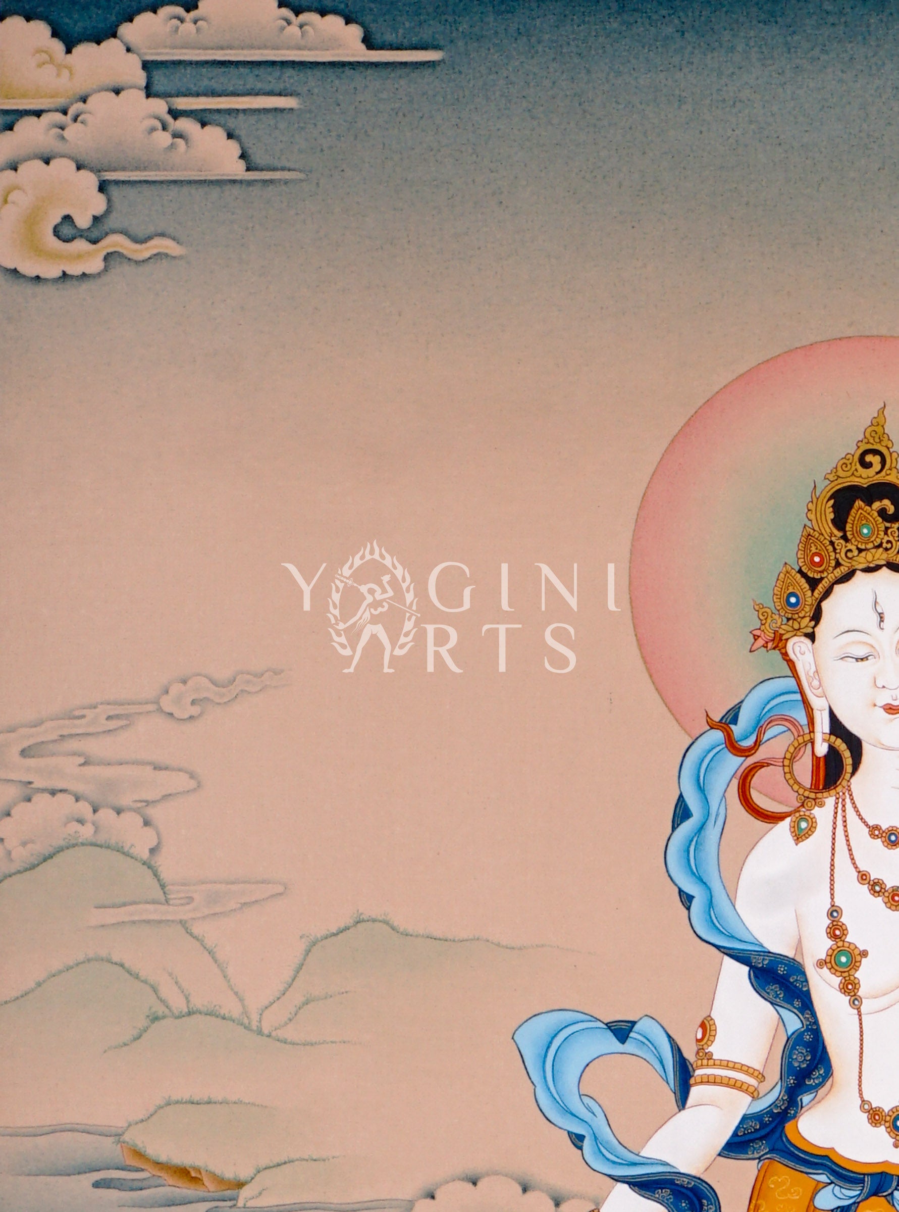 Hand-painted White Tara thangka featuring the Tibetan Buddhist goddess seated on a lotus throne holding a lotus flower within a peaceful Himalayan landscape