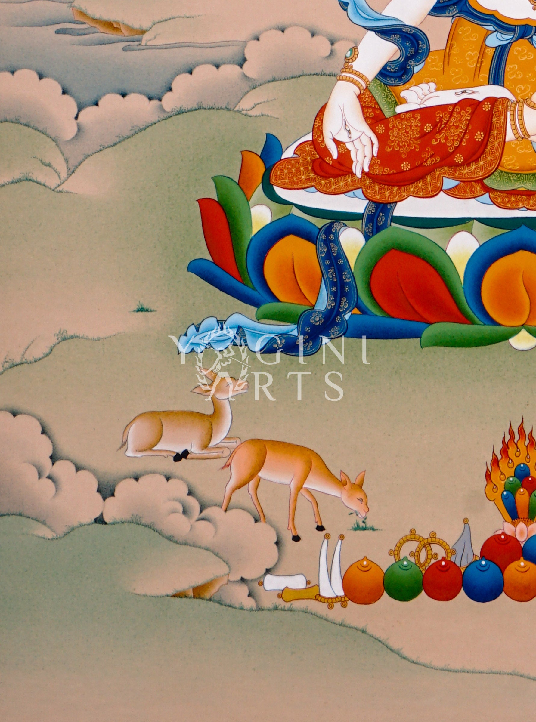 Hand-painted White Tara thangka featuring the Tibetan Buddhist goddess seated on a lotus throne holding a lotus flower within a peaceful Himalayan landscape