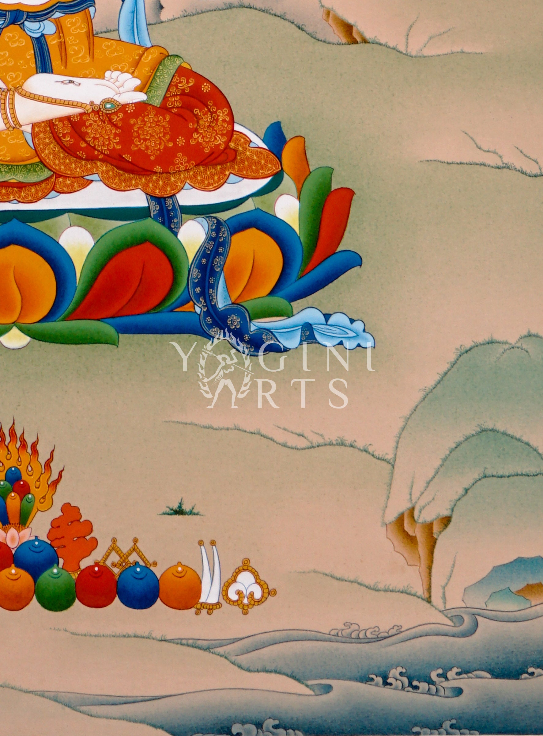 Hand-painted White Tara thangka featuring the Tibetan Buddhist goddess seated on a lotus throne holding a lotus flower within a peaceful Himalayan landscape