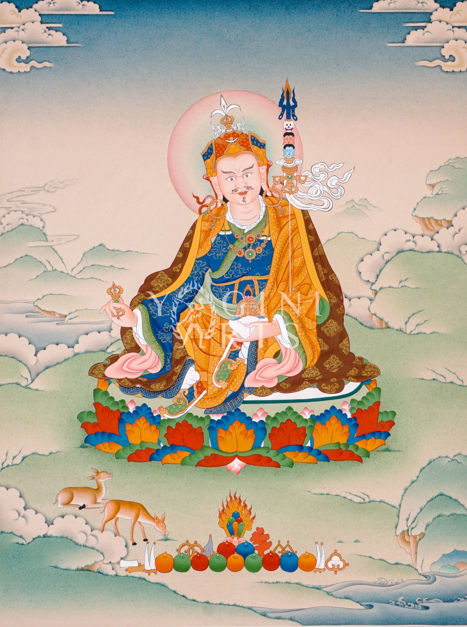 Hand-painted Guru Rinpoche thangka featuring Padmasambhava seated on a lotus throne holding vajra and skull cup within a peaceful Himalayan landscape