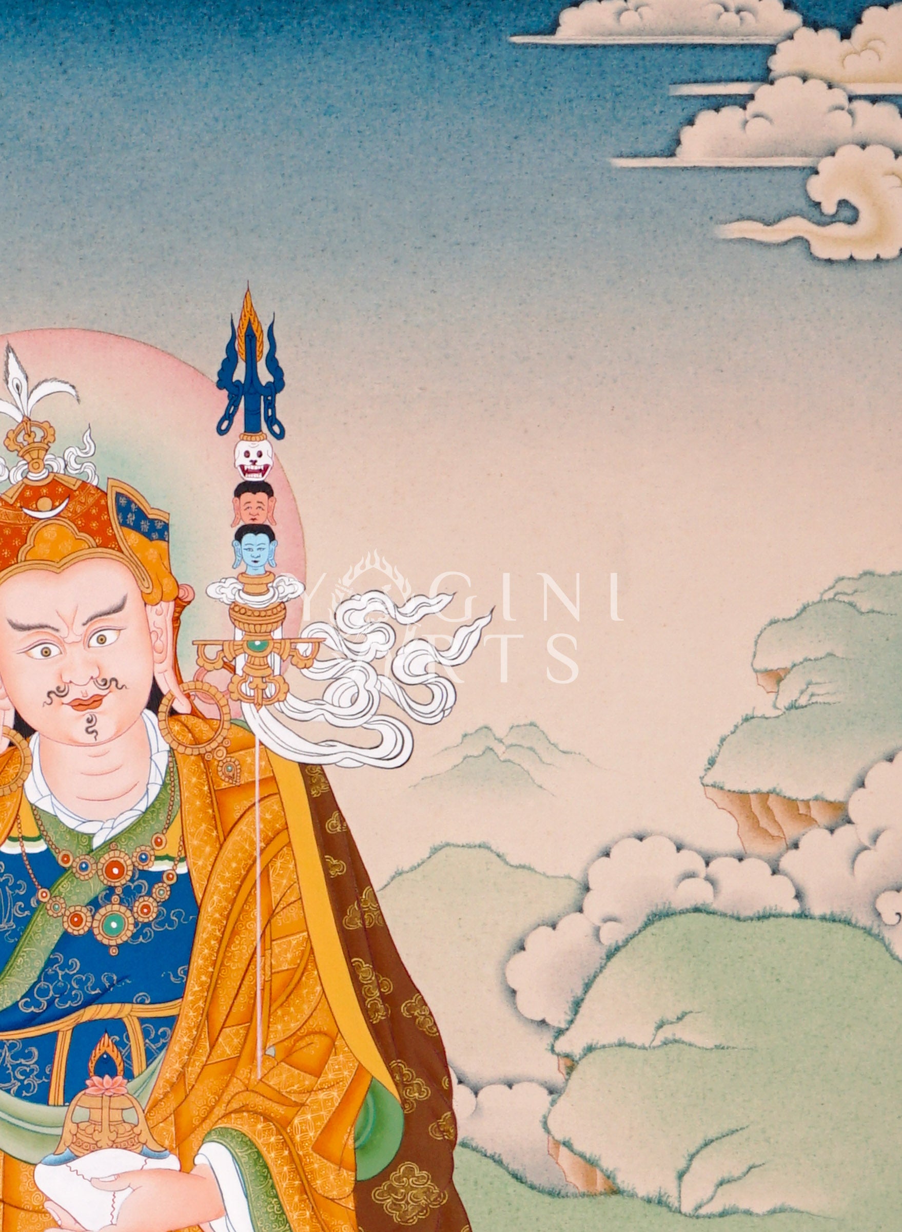 Hand-painted Guru Rinpoche thangka featuring Padmasambhava seated on a lotus throne holding vajra and skull cup within a peaceful Himalayan landscape