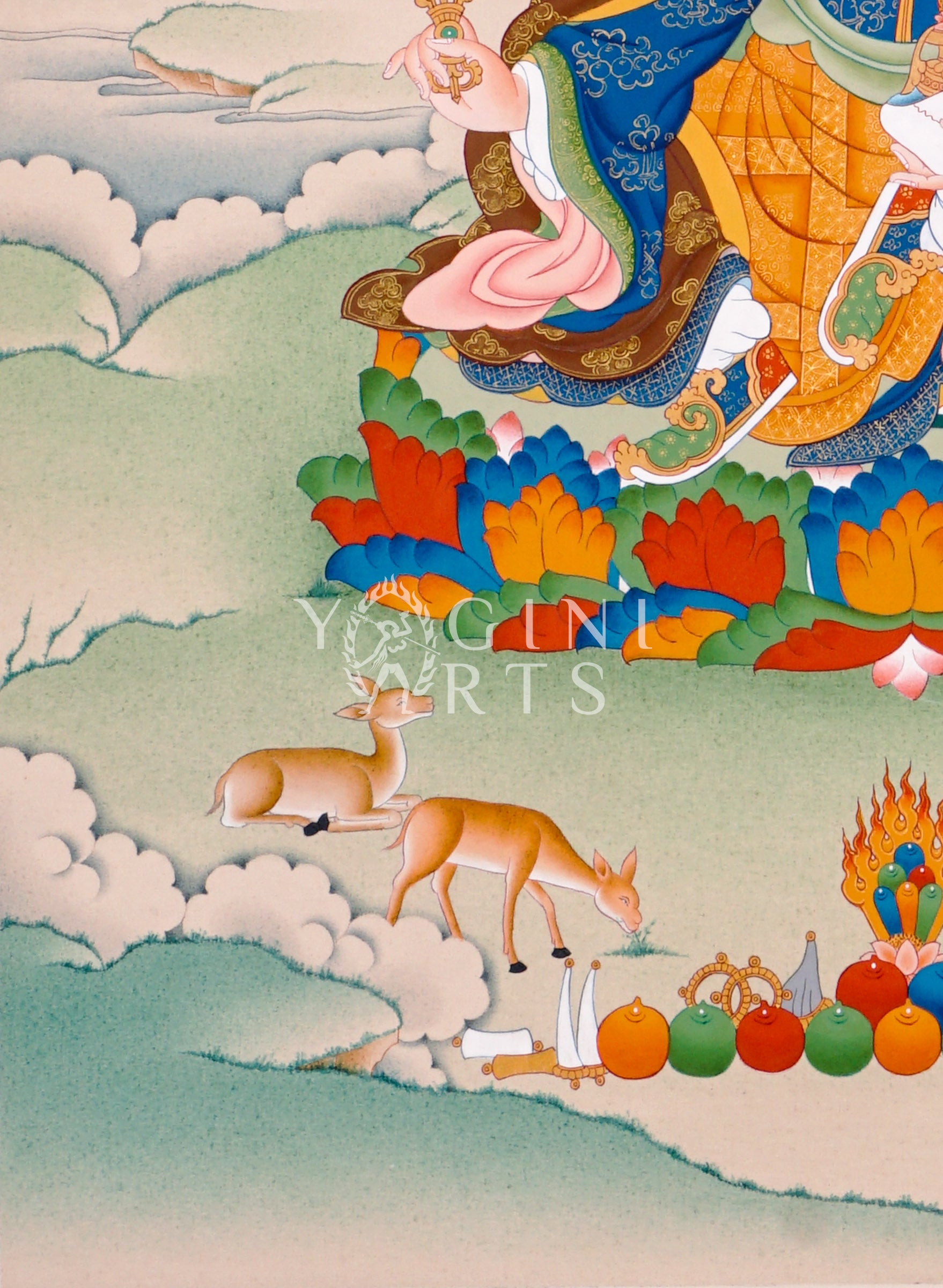 Hand-painted Guru Rinpoche thangka featuring Padmasambhava seated on a lotus throne holding vajra and skull cup within a peaceful Himalayan landscape