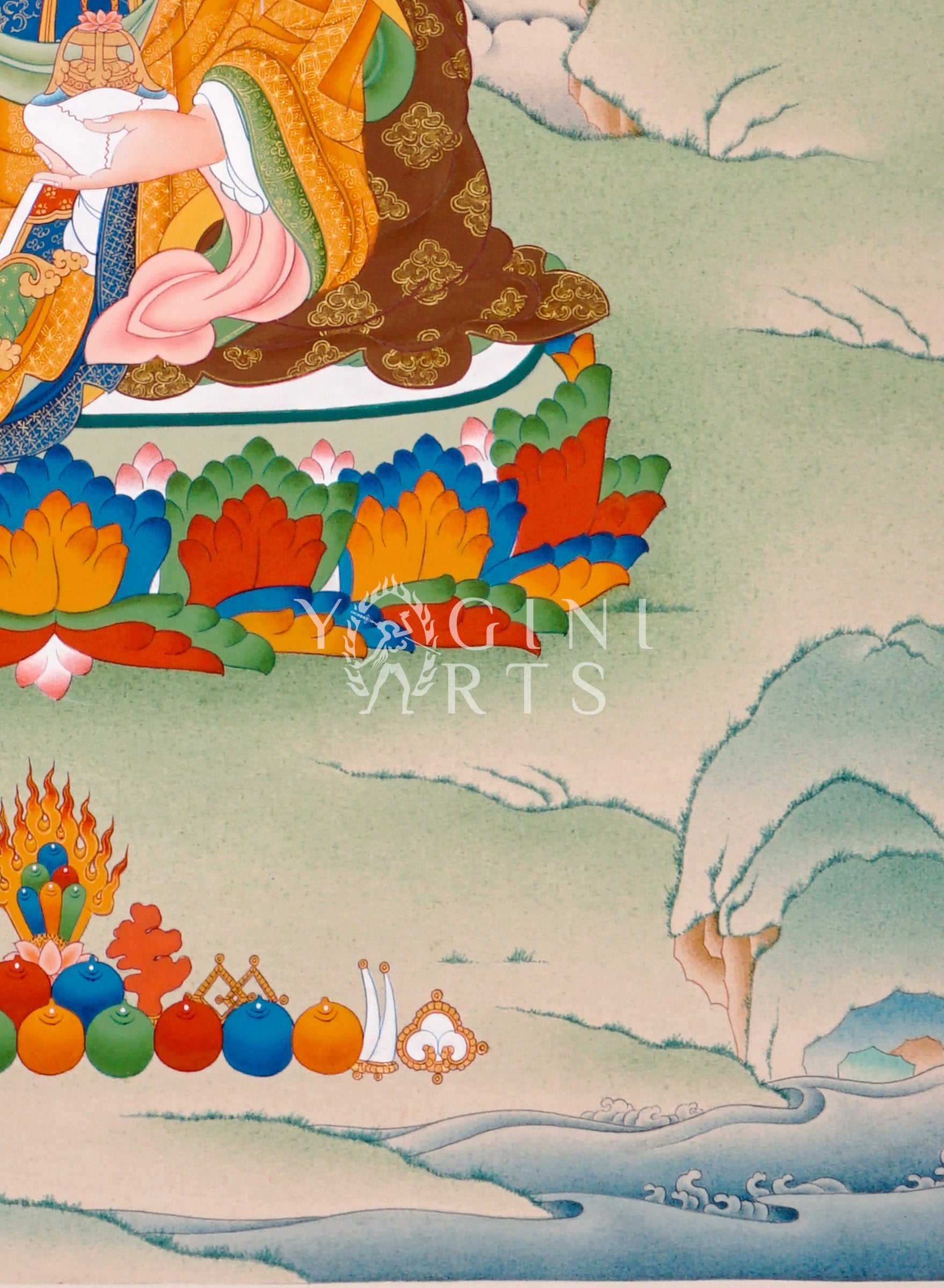 Hand-painted Guru Rinpoche thangka featuring Padmasambhava seated on a lotus throne holding vajra and skull cup within a peaceful Himalayan landscape