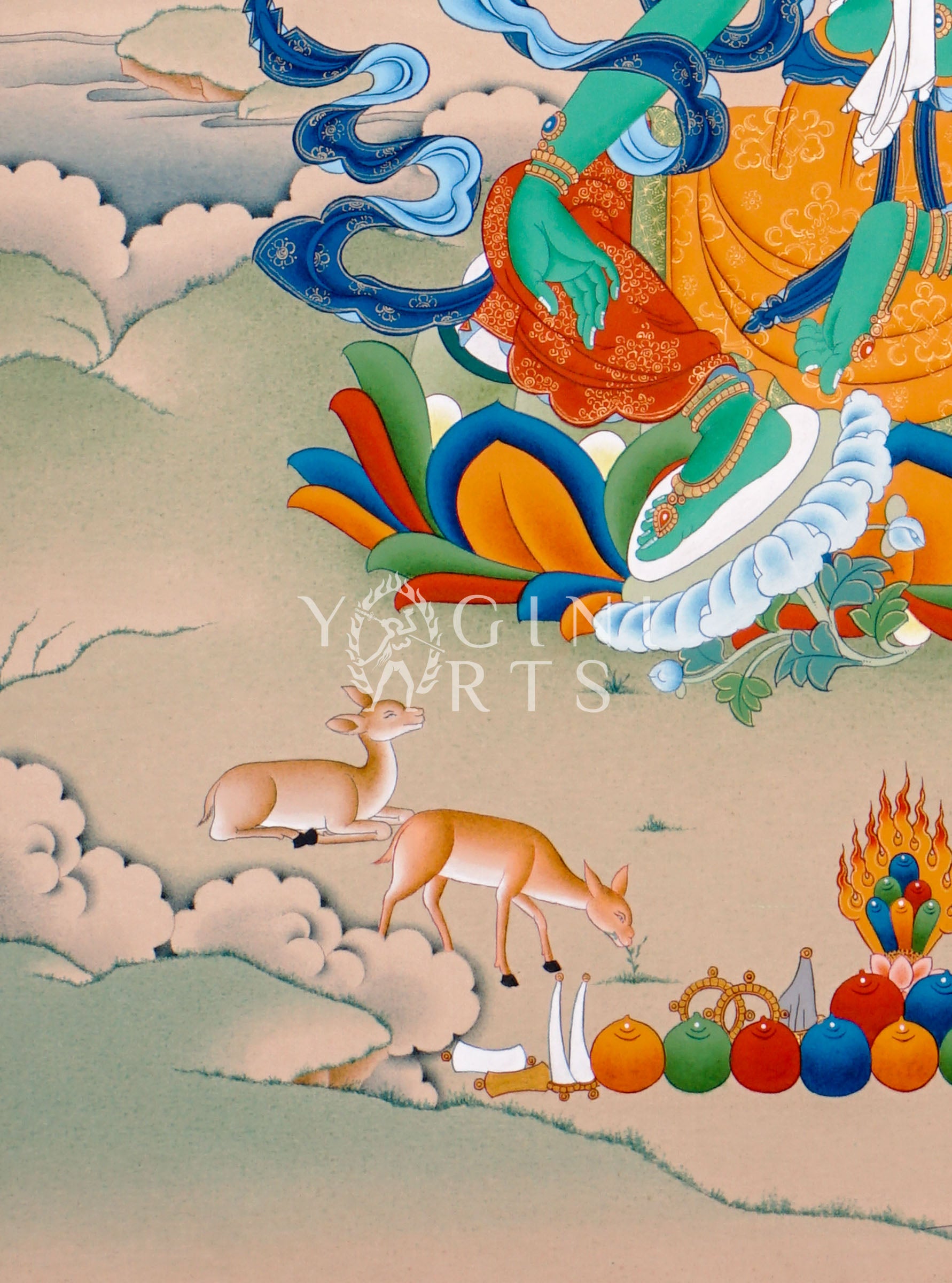 Hand-painted Green Tara thangka featuring the Tibetan Buddhist goddess seated on a lotus throne holding a blue lotus flower in a peaceful Himalayan landscape
