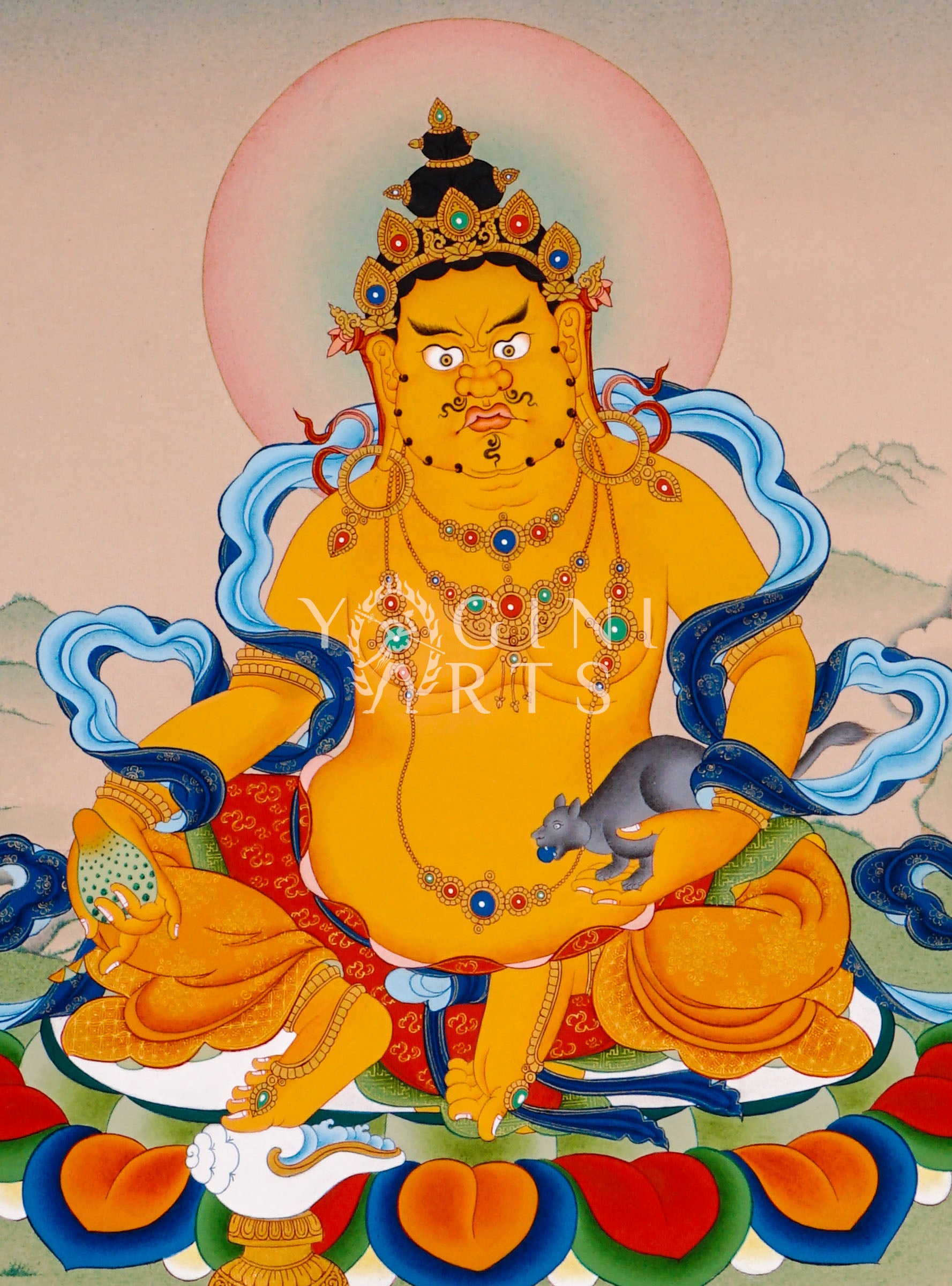 Yellow Zambhala thangka featuring the Buddhist wealth deity seated on a lotus throne holding a mongoose