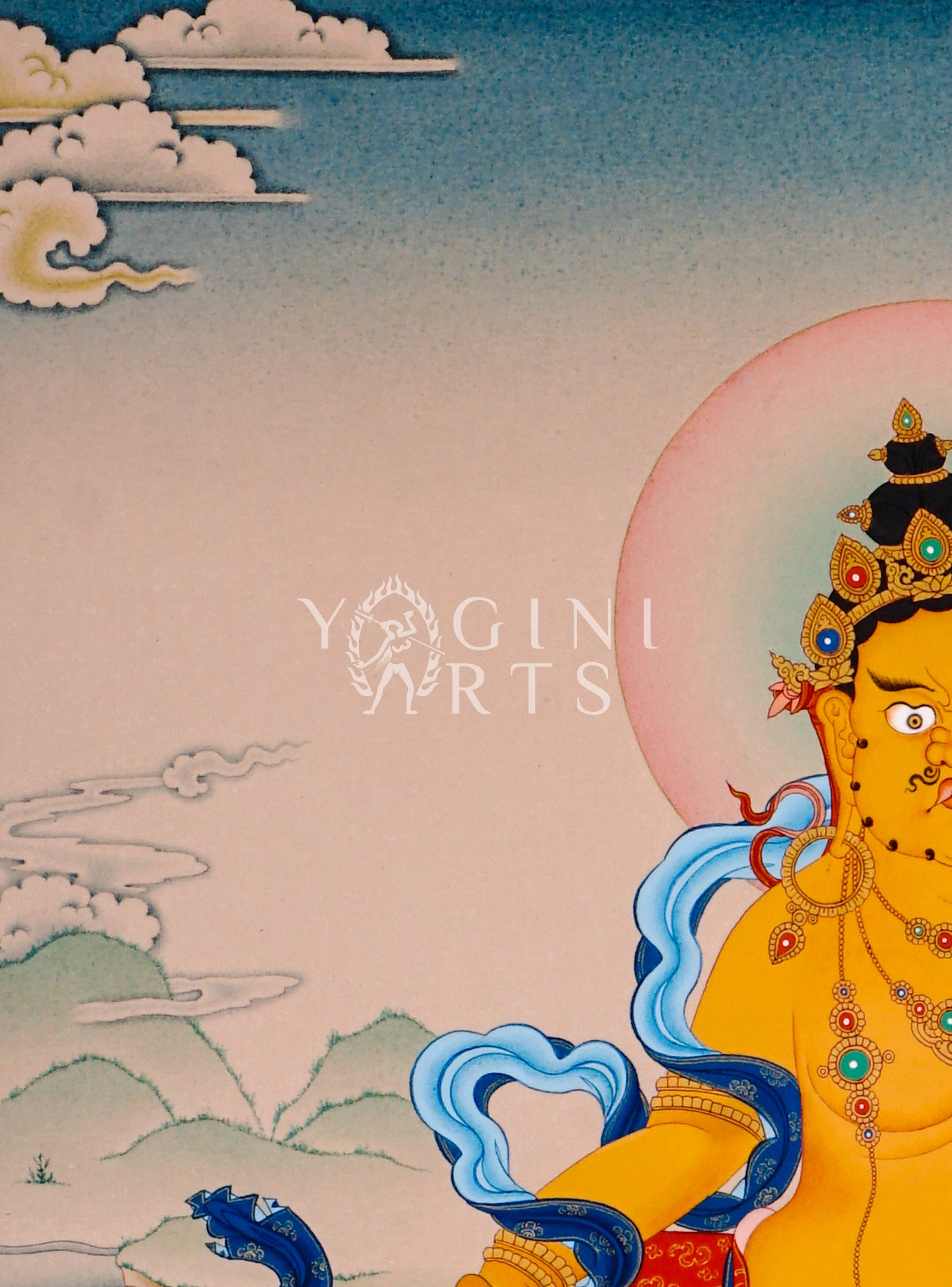 Yellow Zambhala thangka featuring the Buddhist wealth deity seated on a lotus throne holding a mongoose