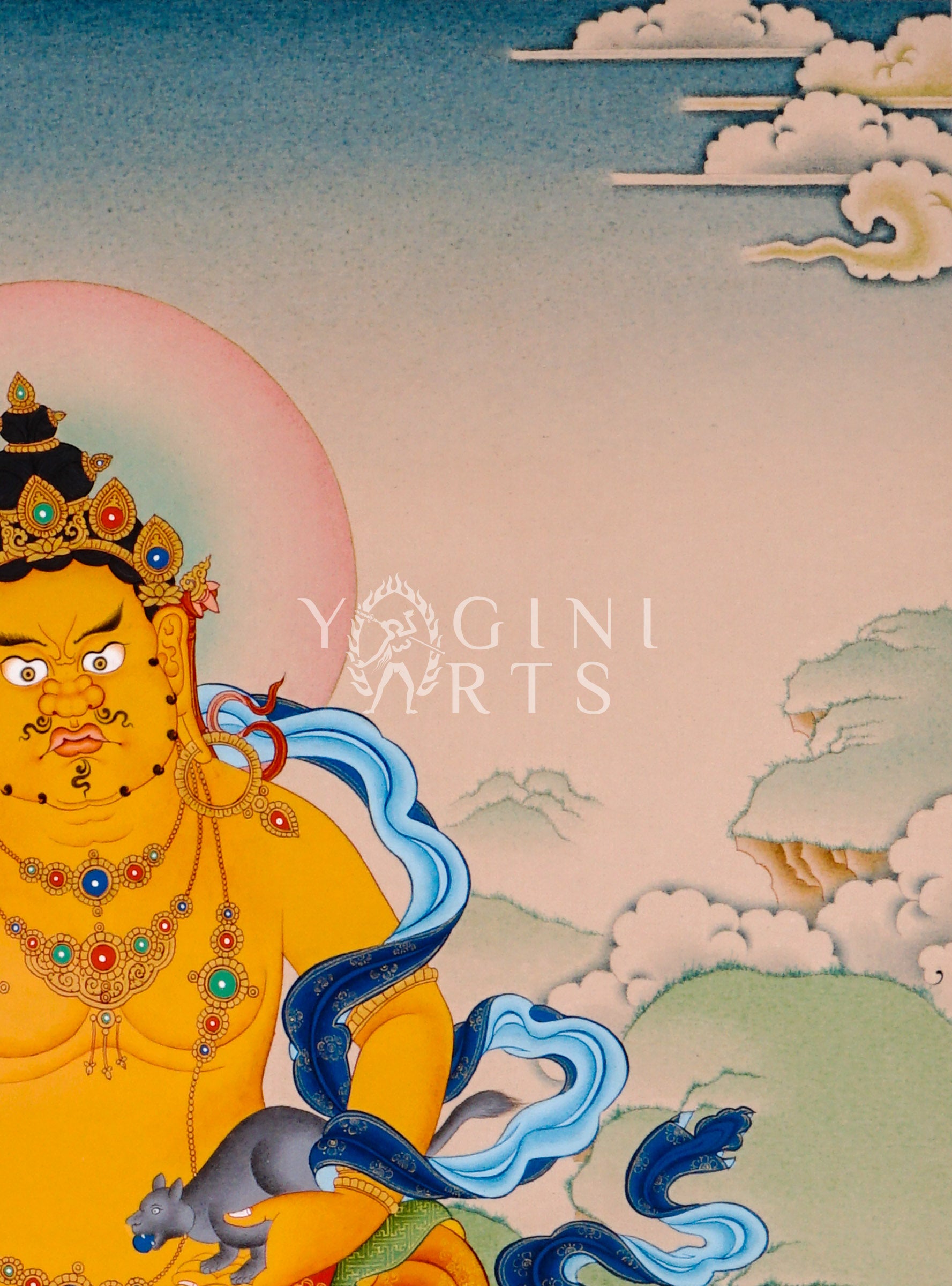 Yellow Zambhala thangka featuring the Buddhist wealth deity seated on a lotus throne holding a mongoose
