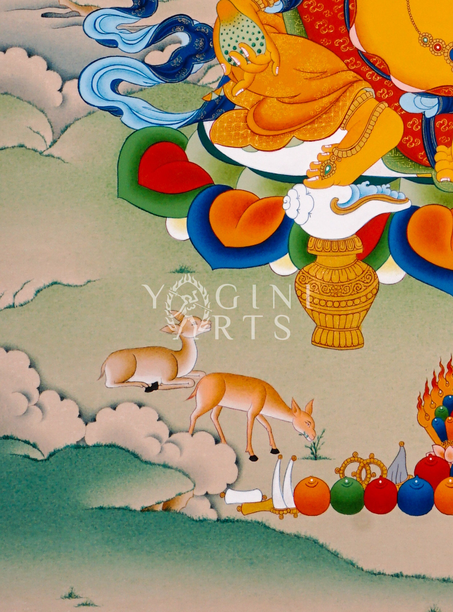 Yellow Zambhala thangka featuring the Buddhist wealth deity seated on a lotus throne holding a mongoose