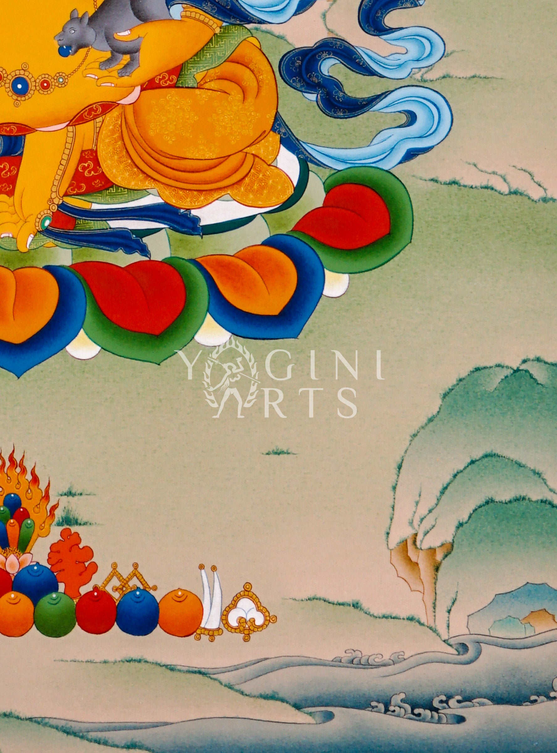 Yellow Zambhala thangka featuring the Buddhist wealth deity seated on a lotus throne holding a mongoose