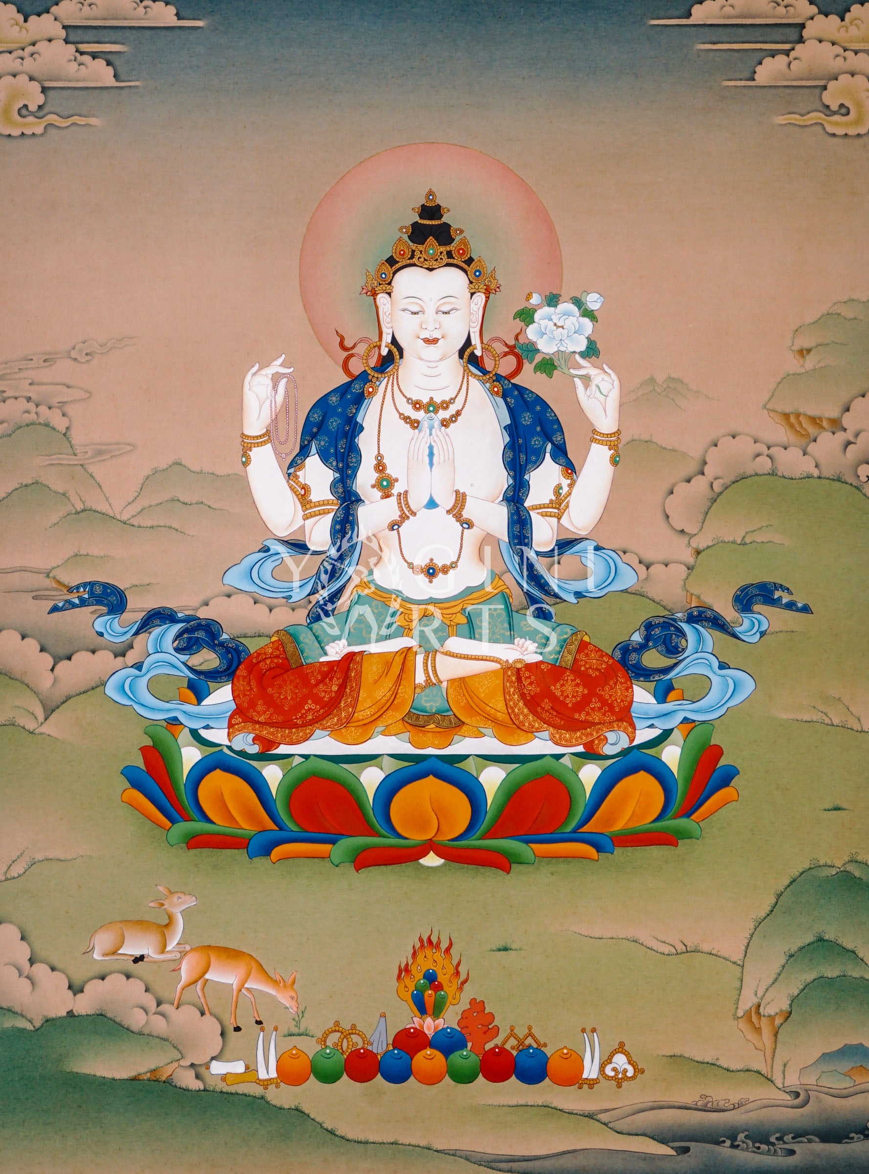 Chenrezig thangka featuring four-armed Avalokiteshvara seated on a lotus throne holding prayer beads and lotus flower