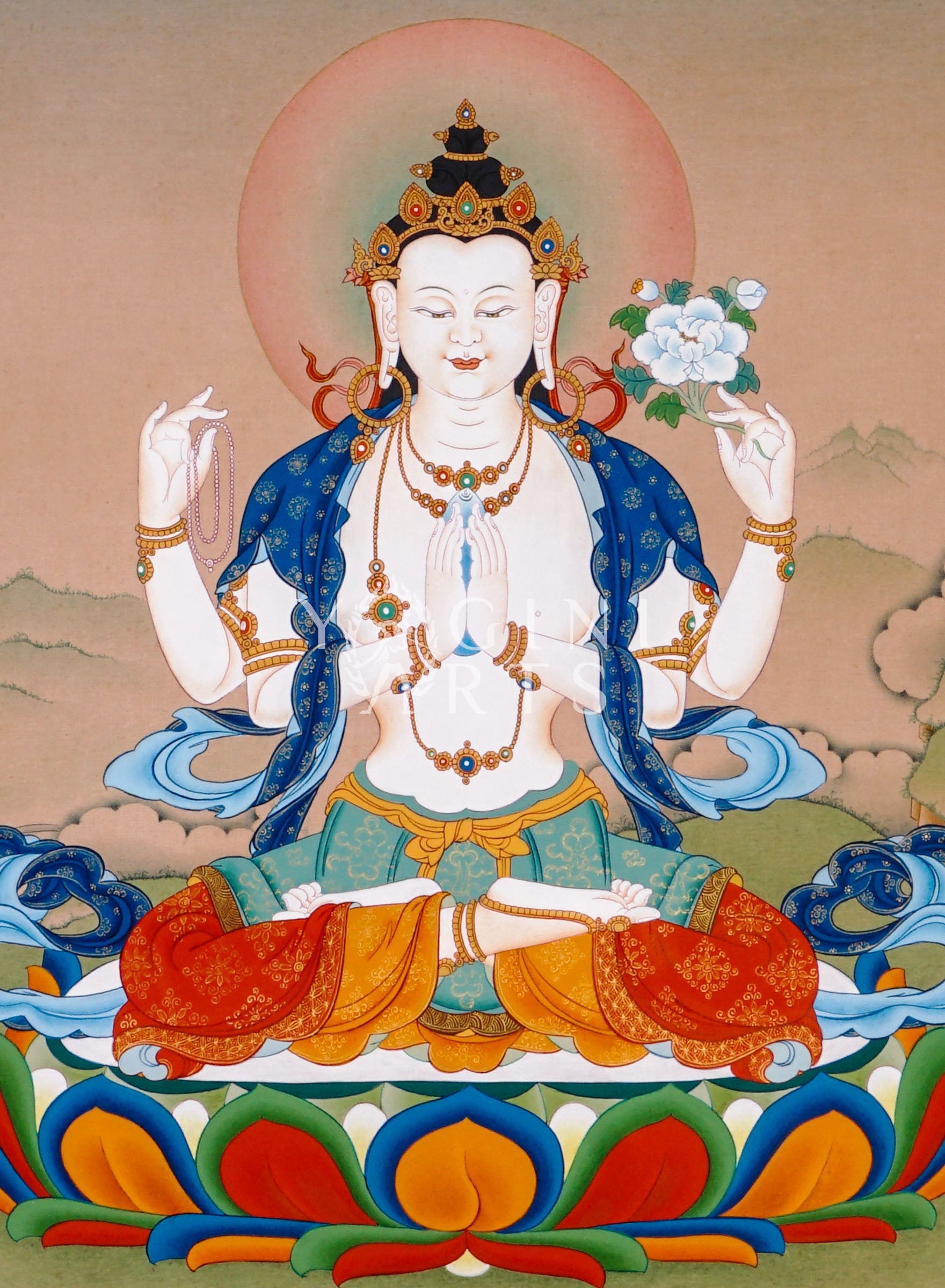Chenrezig thangka featuring four-armed Avalokiteshvara seated on a lotus throne holding prayer beads and lotus flower