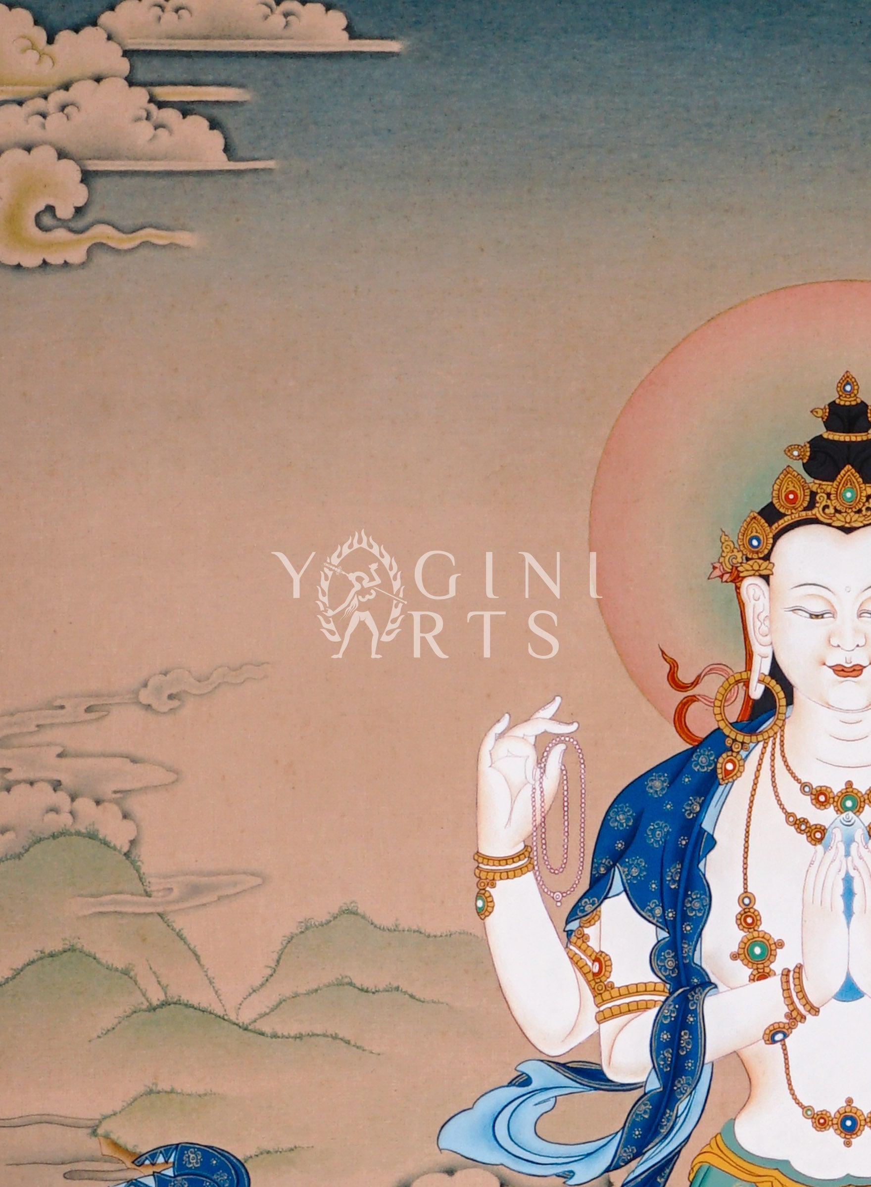 Chenrezig thangka featuring four-armed Avalokiteshvara seated on a lotus throne holding prayer beads and lotus flower