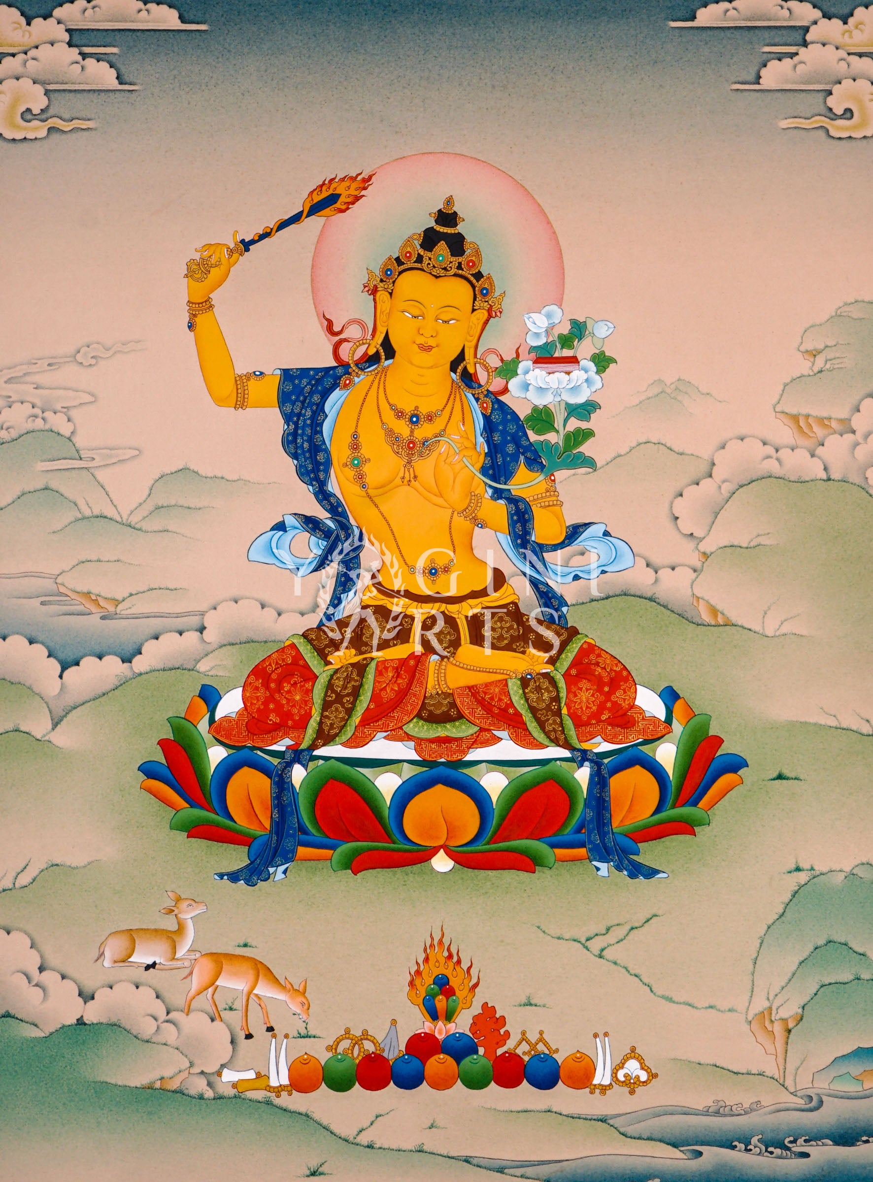 Manjushree thangka featuring the Bodhisattva of Wisdom holding a flaming sword and sacred lotus scripture seated on a lotus throne