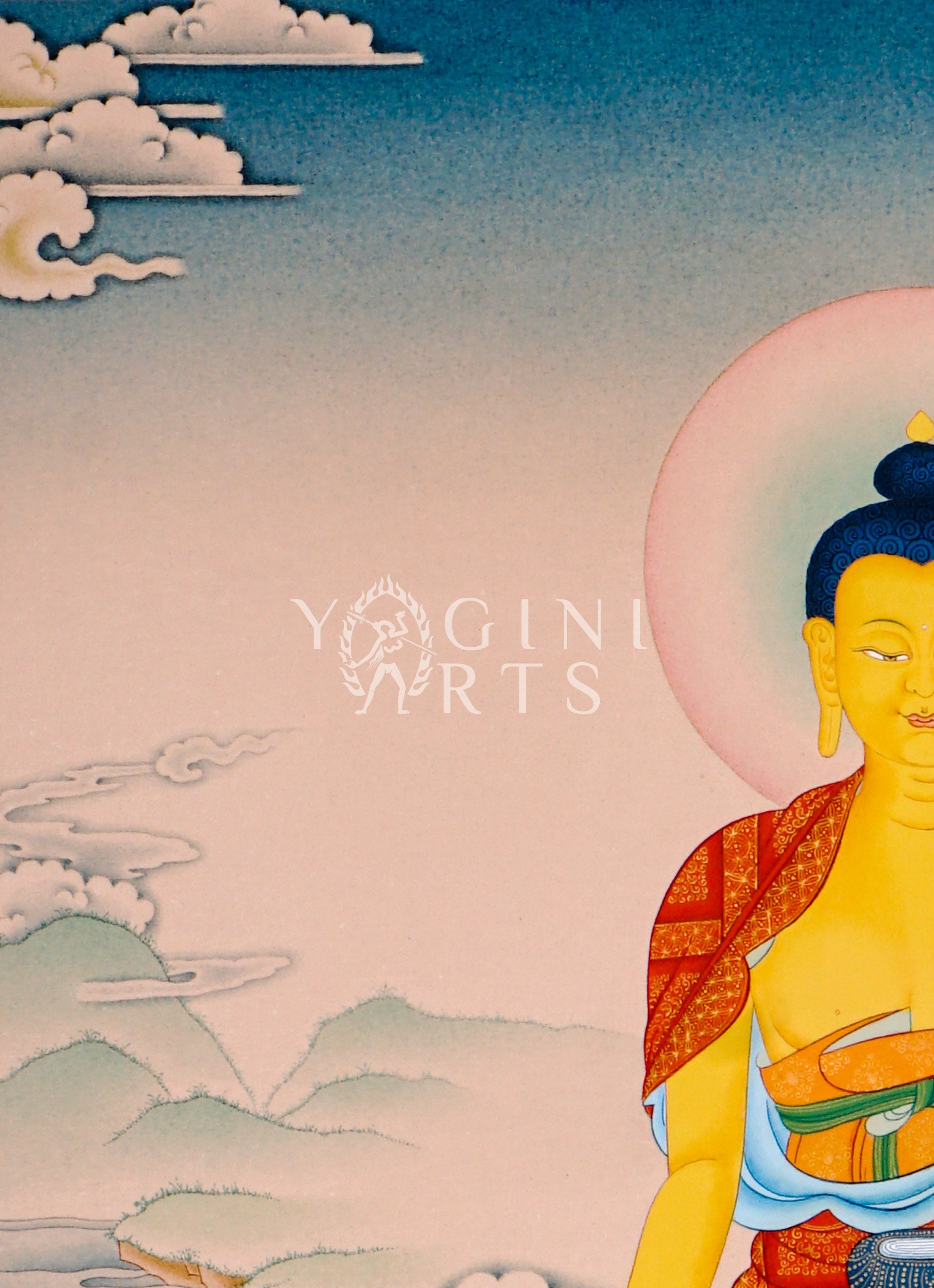 hakyamuni Buddha thangka showing the historical Buddha seated in meditation with earth-touching mudra and alms bowl