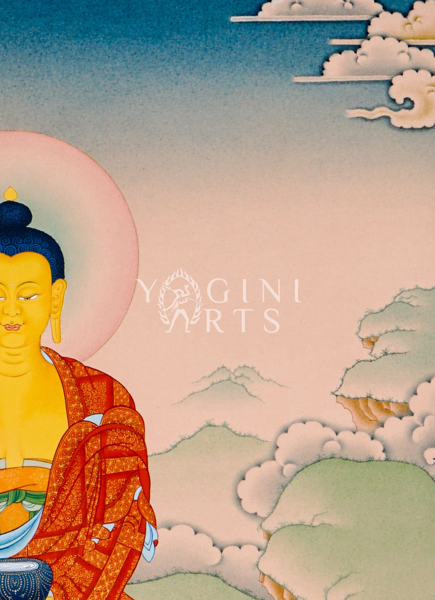 hakyamuni Buddha thangka showing the historical Buddha seated in meditation with earth-touching mudra and alms bowl
