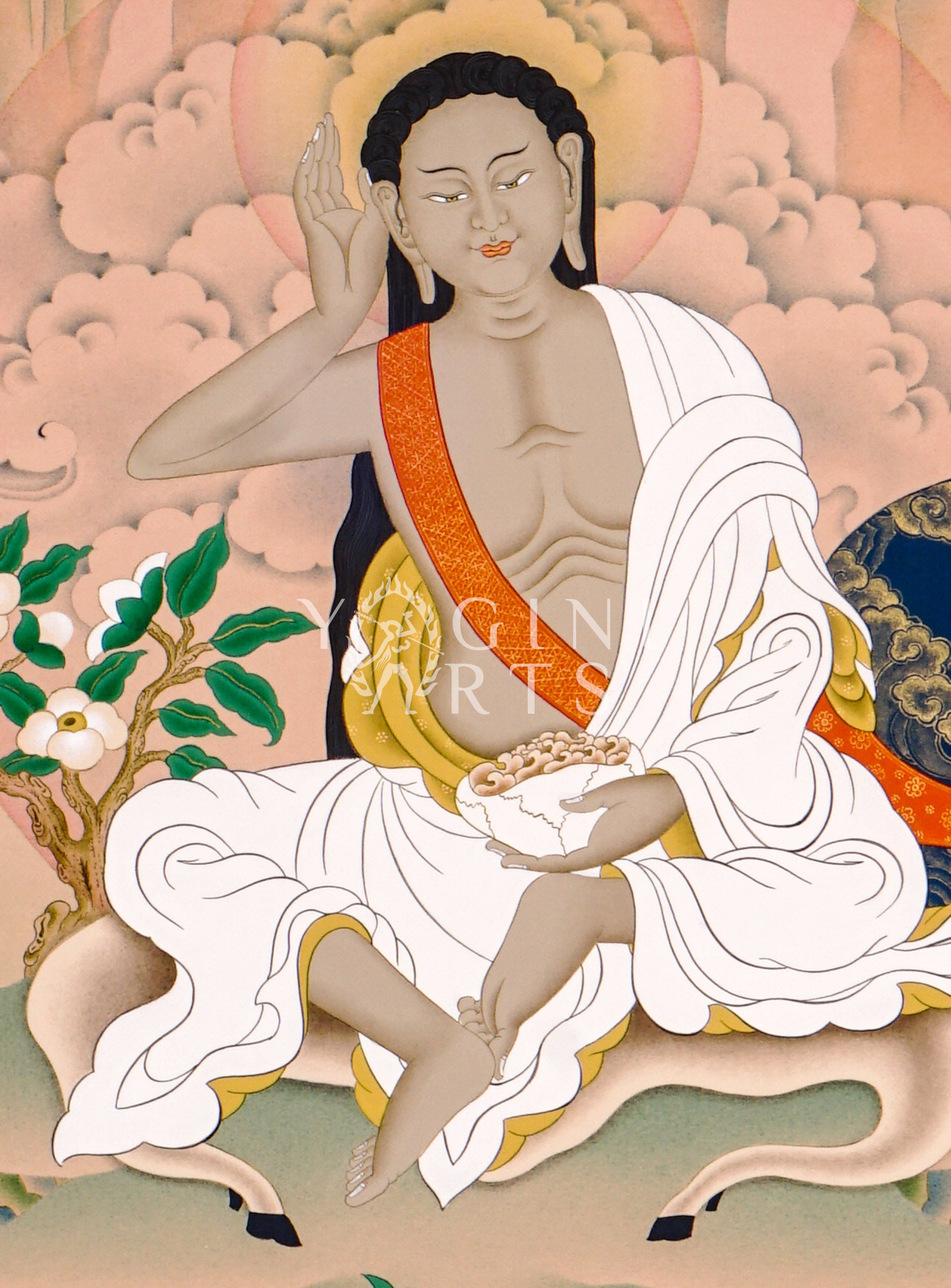 Milarepa thangka featuring the Tibetan Buddhist yogi seated in meditation with traditional listening gesture in a Himalayan landscape