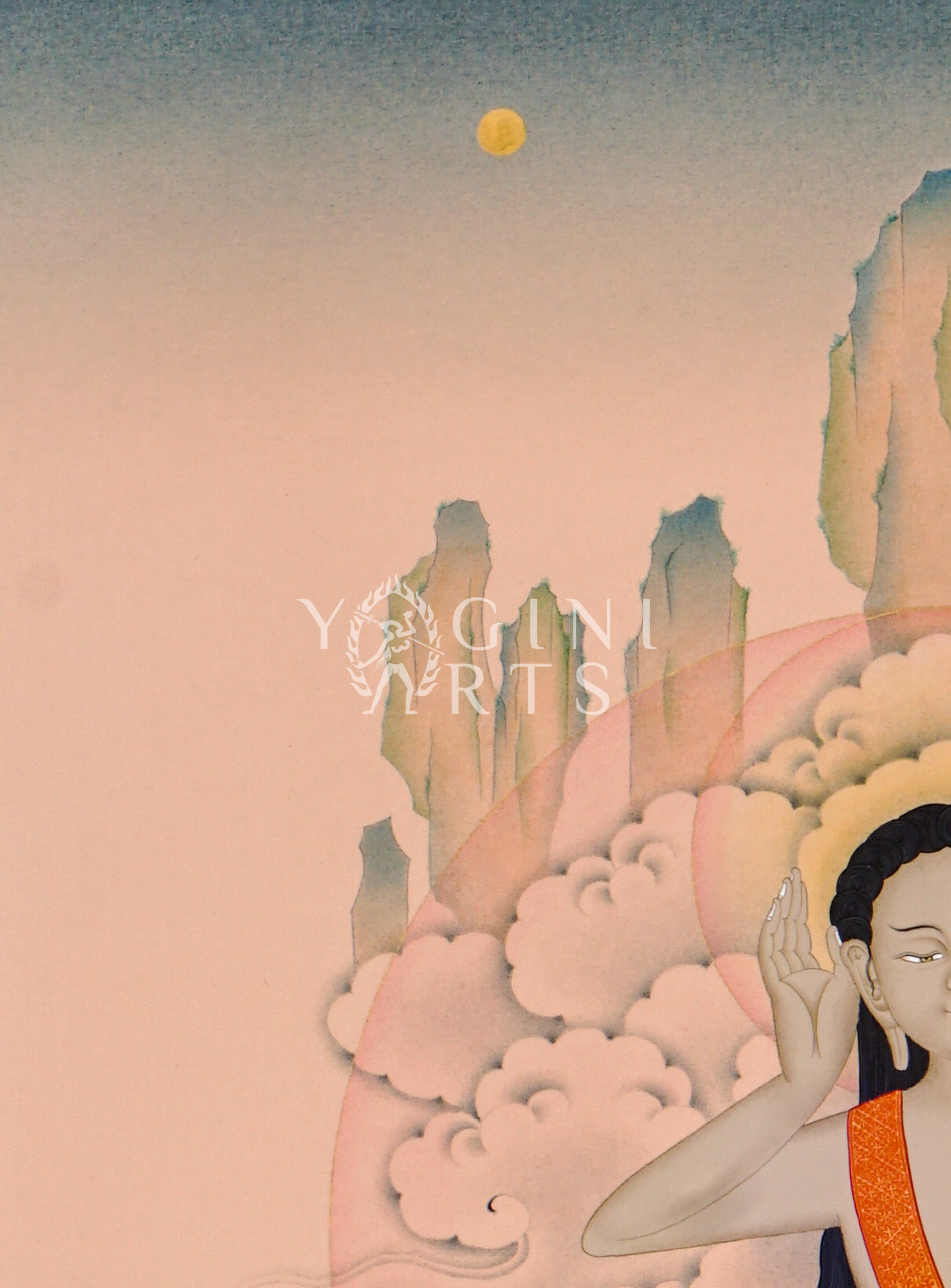 Milarepa thangka featuring the Tibetan Buddhist yogi seated in meditation with traditional listening gesture in a Himalayan landscape