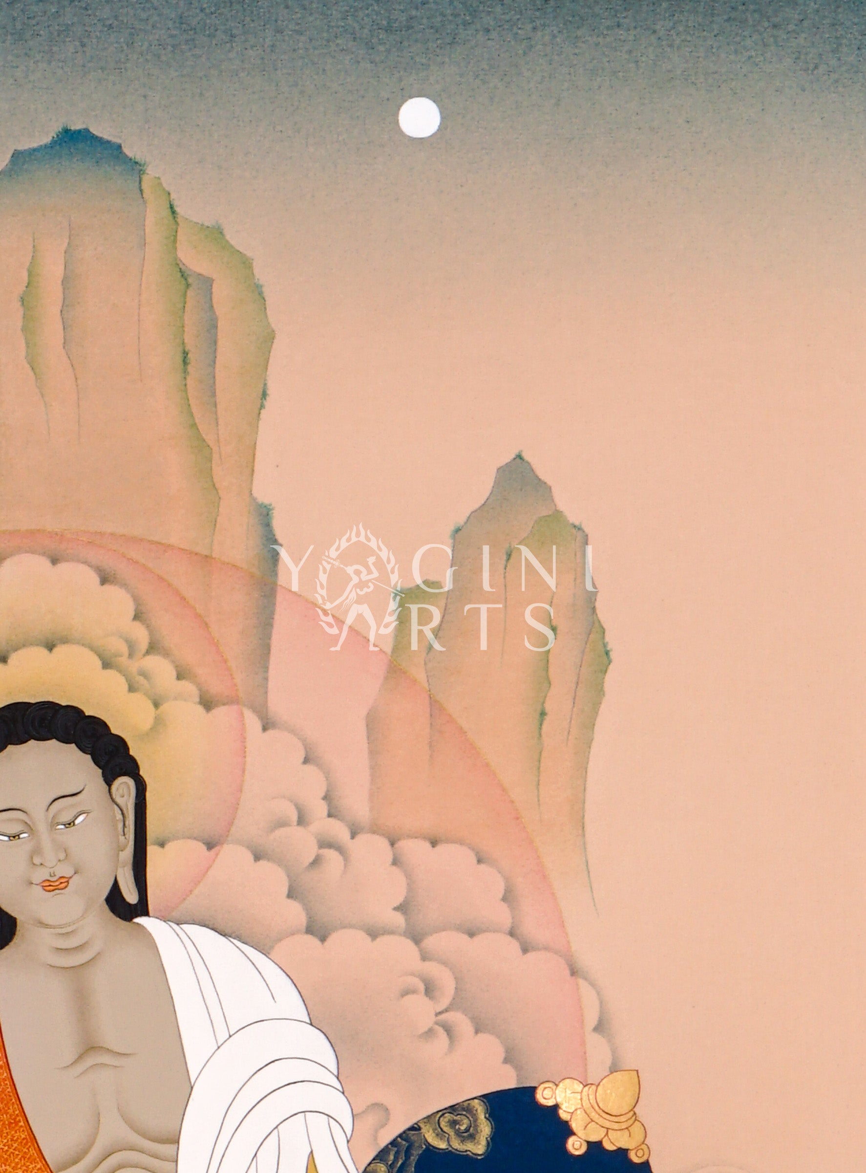 Milarepa thangka featuring the Tibetan Buddhist yogi seated in meditation with traditional listening gesture in a Himalayan landscape