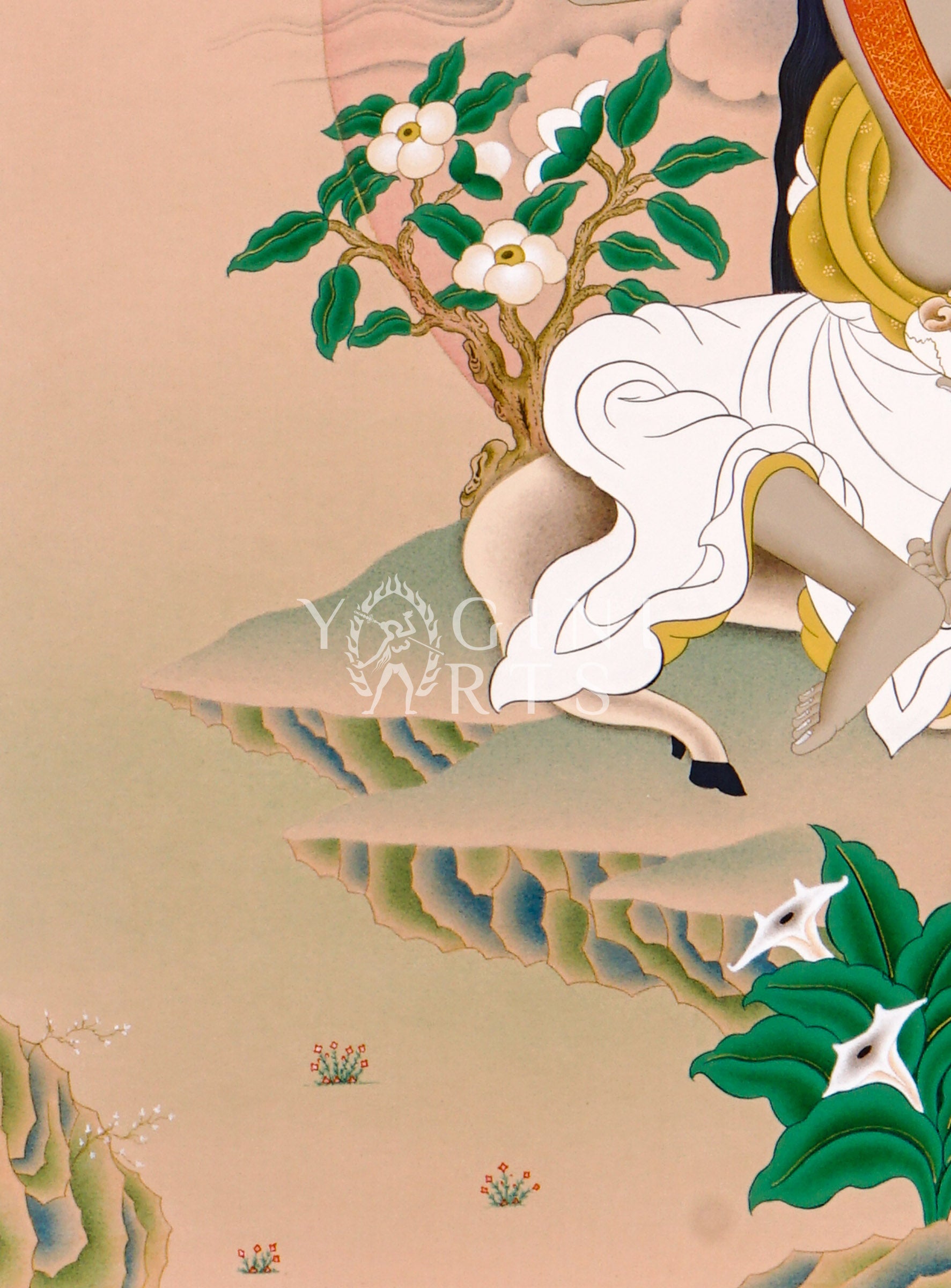 Milarepa thangka featuring the Tibetan Buddhist yogi seated in meditation with traditional listening gesture in a Himalayan landscape