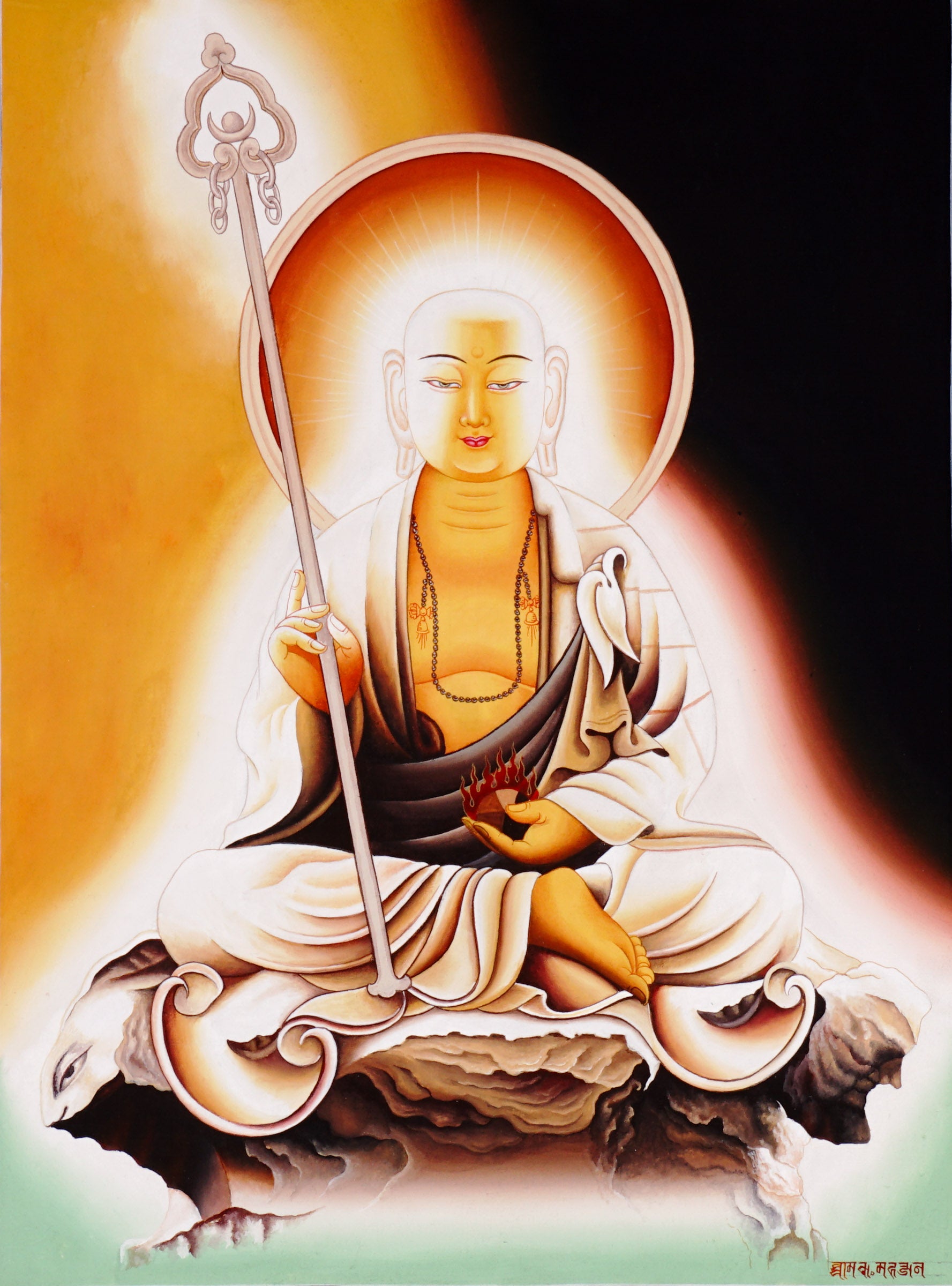 Authentic hand-painted Ksitigarbha Bodhisattva thangka in a minimalist Tibetan Buddhist style featuring serene Himalayan spiritual symbolism and meditative beauty.