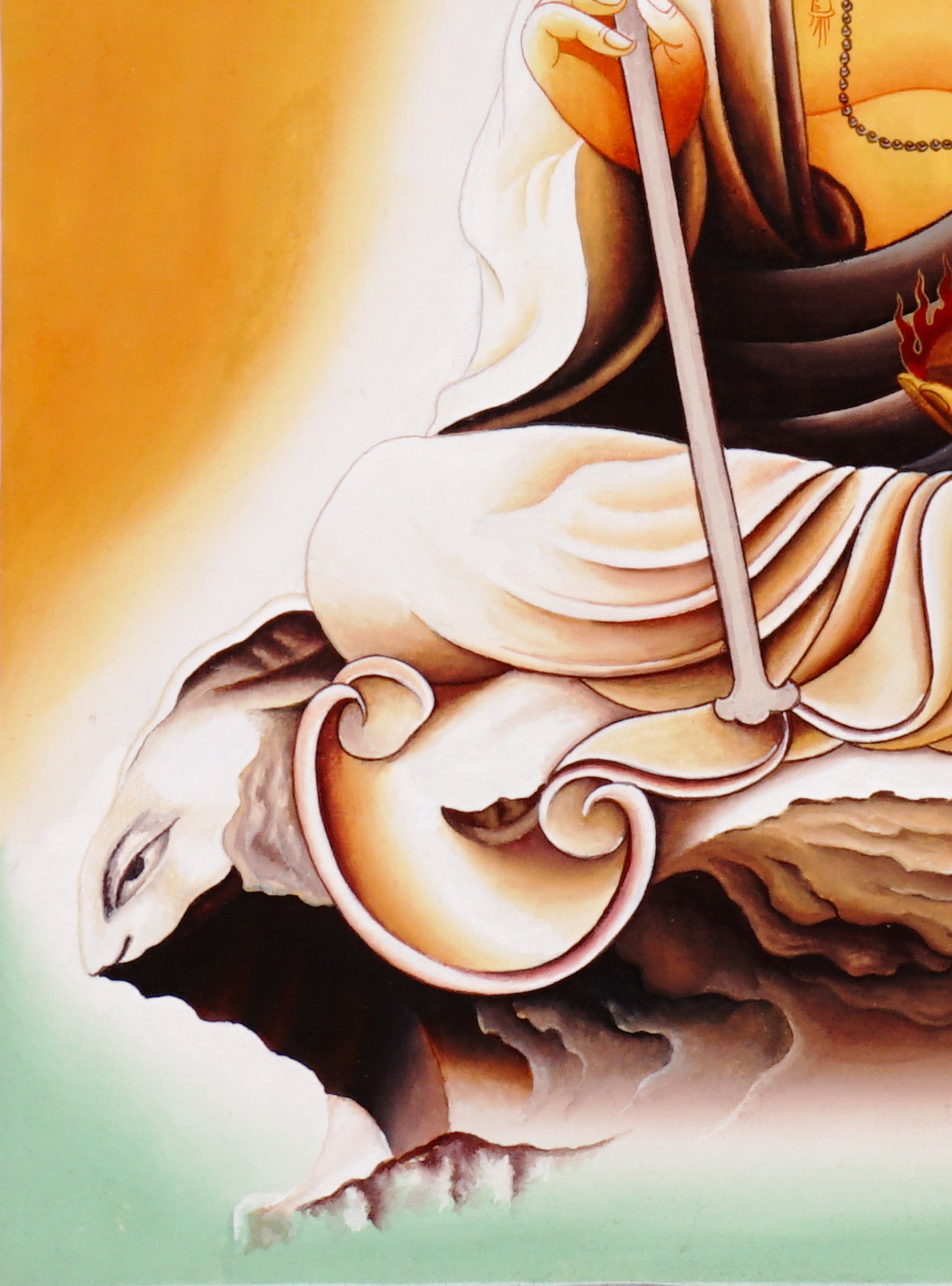 Authentic hand-painted Ksitigarbha Bodhisattva thangka in a minimalist Tibetan Buddhist style featuring serene Himalayan spiritual symbolism and meditative beauty.