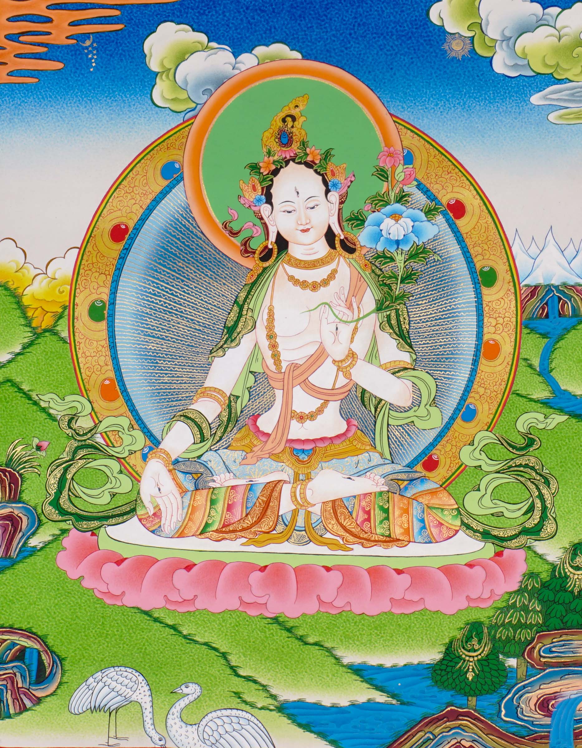 Hand-painted White Tara thangka featuring the Tibetan Buddhist goddess seated on a lotus throne surrounded by flowers, rivers, and peaceful Himalayan landscape
