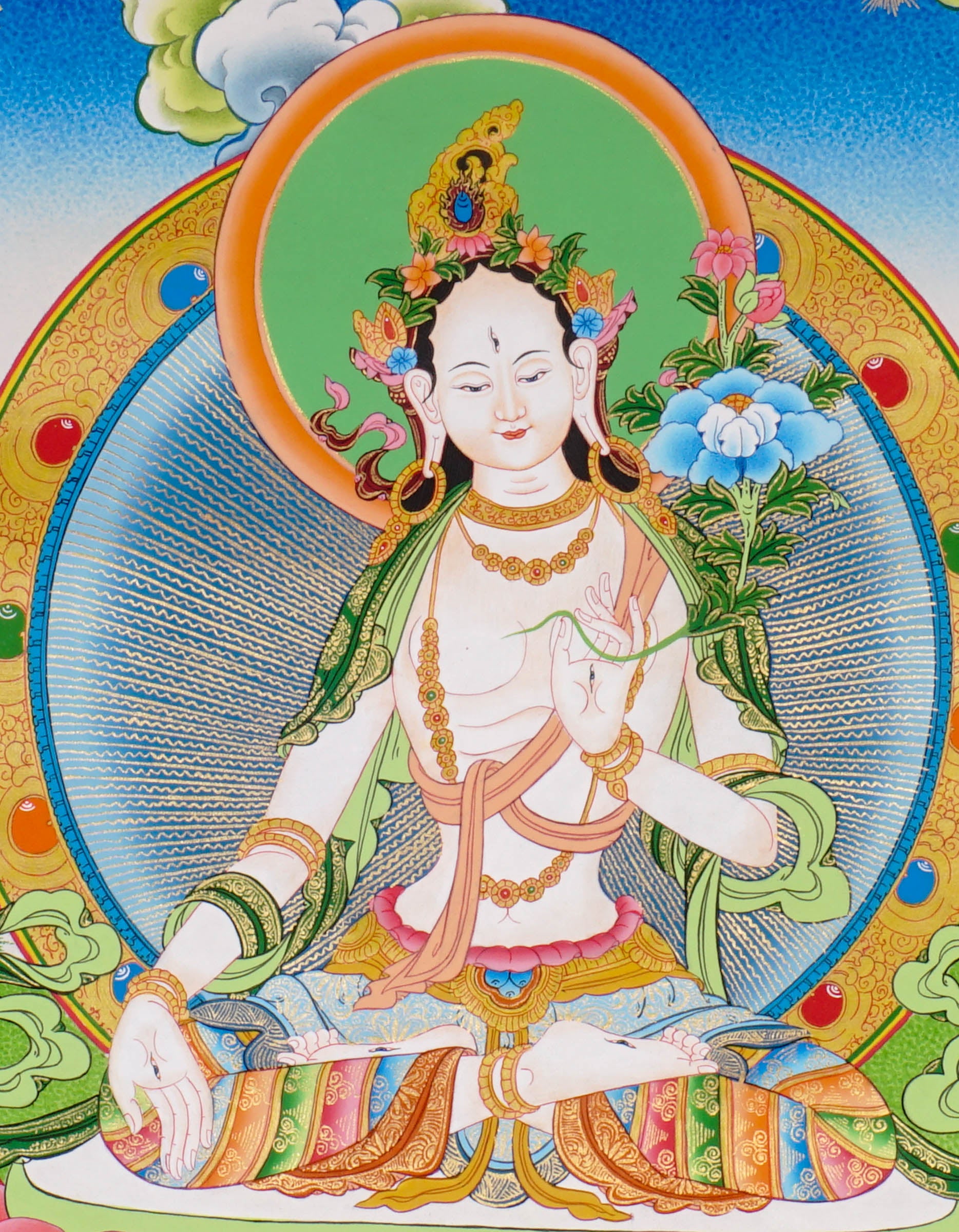 Hand-painted White Tara thangka featuring the Tibetan Buddhist goddess seated on a lotus throne surrounded by flowers, rivers, and peaceful Himalayan landscape