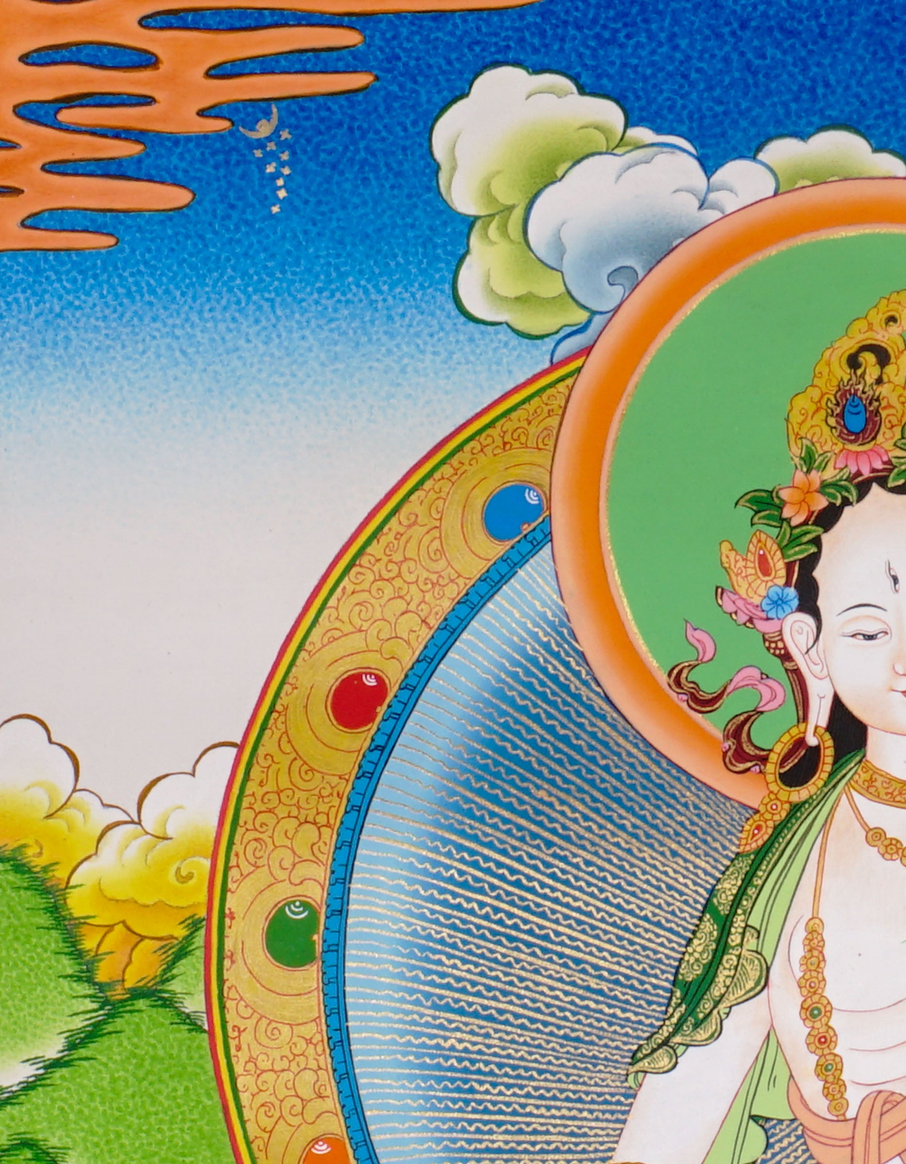 Hand-painted White Tara thangka featuring the Tibetan Buddhist goddess seated on a lotus throne surrounded by flowers, rivers, and peaceful Himalayan landscape