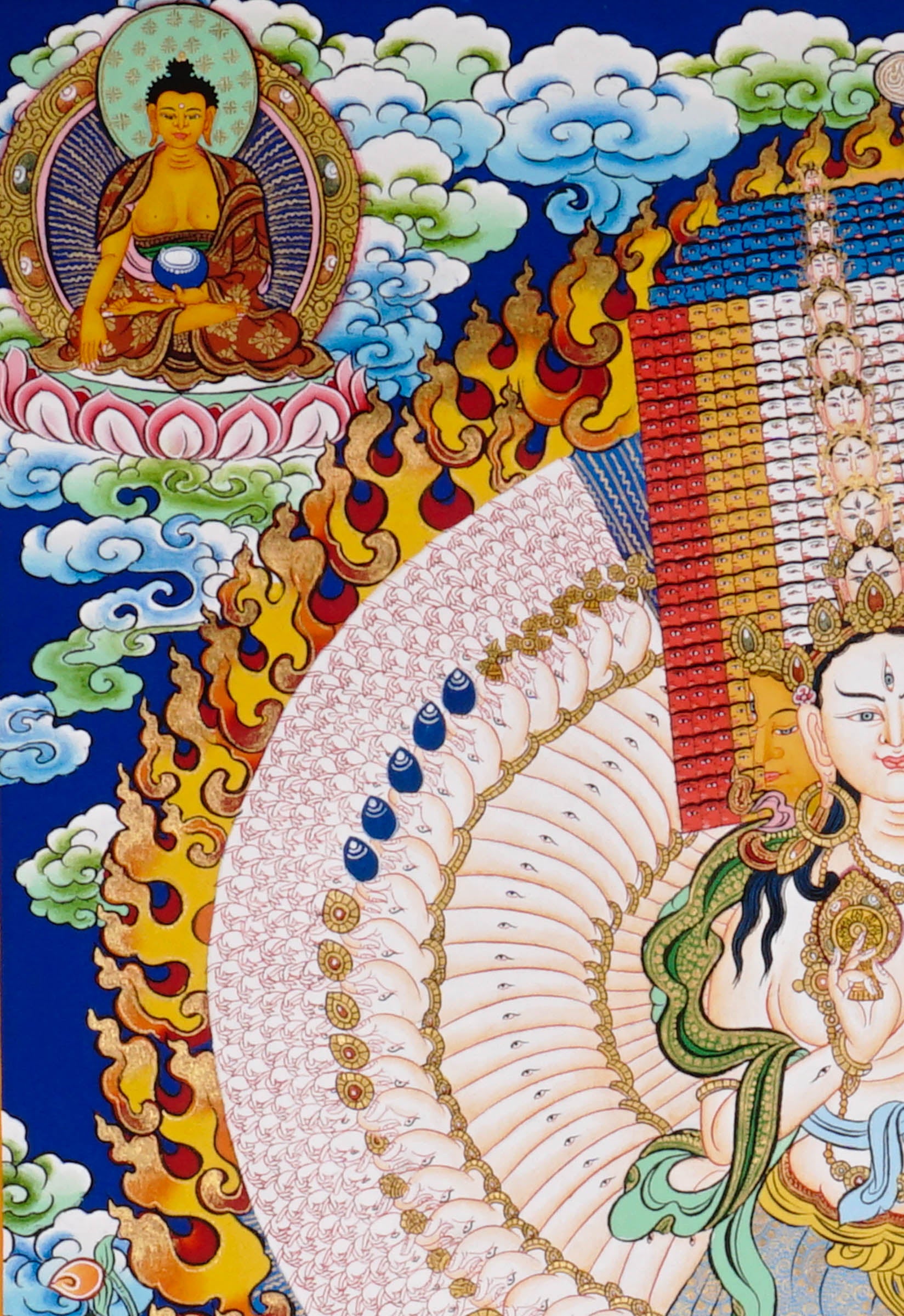 Hand-painted Dukkar thangka featuring the Tibetan Buddhist White Umbrella Goddess with multiple arms surrounded by sacred flames, celestial Buddhas, and protective symbolism