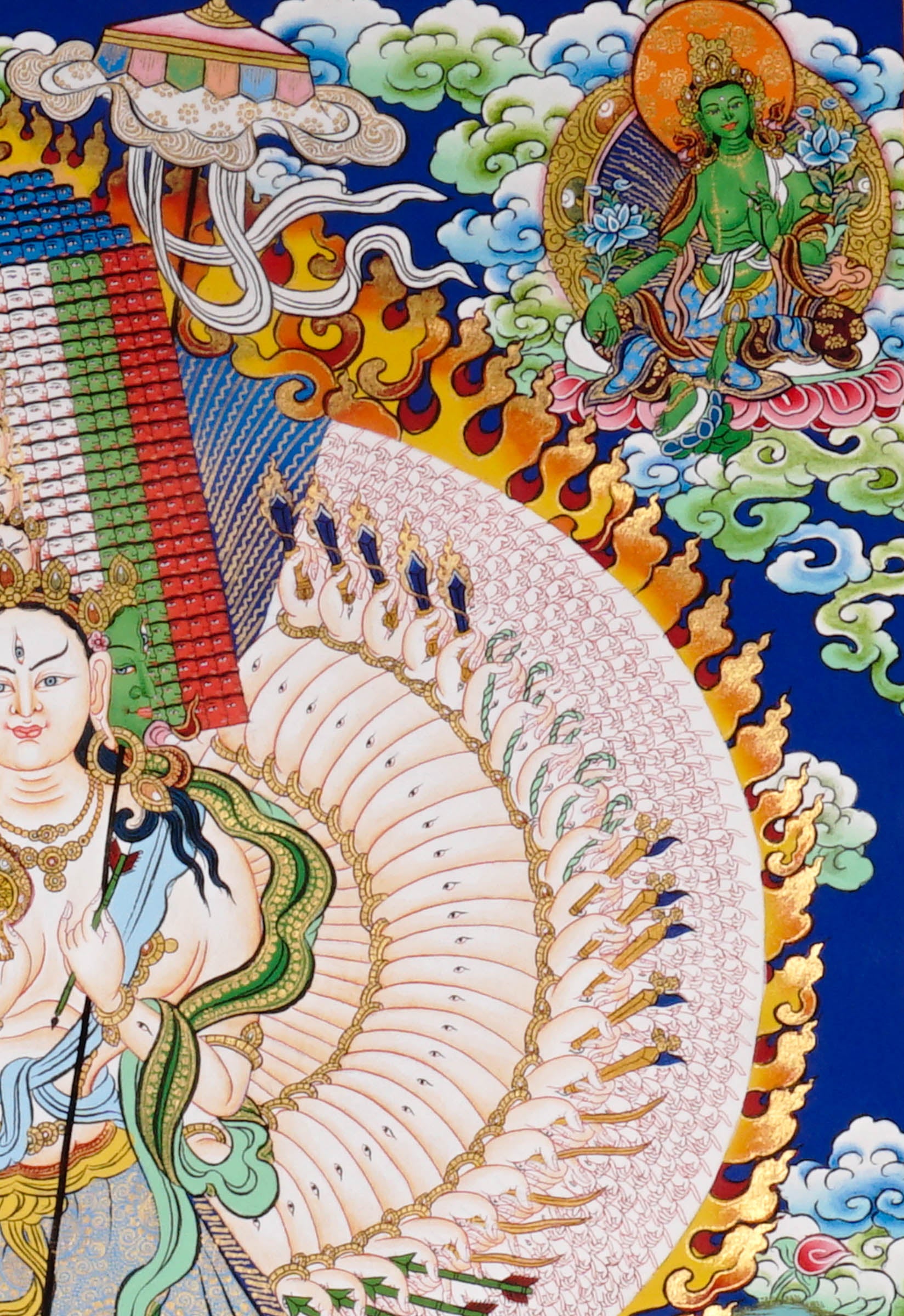 Hand-painted Dukkar thangka featuring the Tibetan Buddhist White Umbrella Goddess with multiple arms surrounded by sacred flames, celestial Buddhas, and protective symbolism