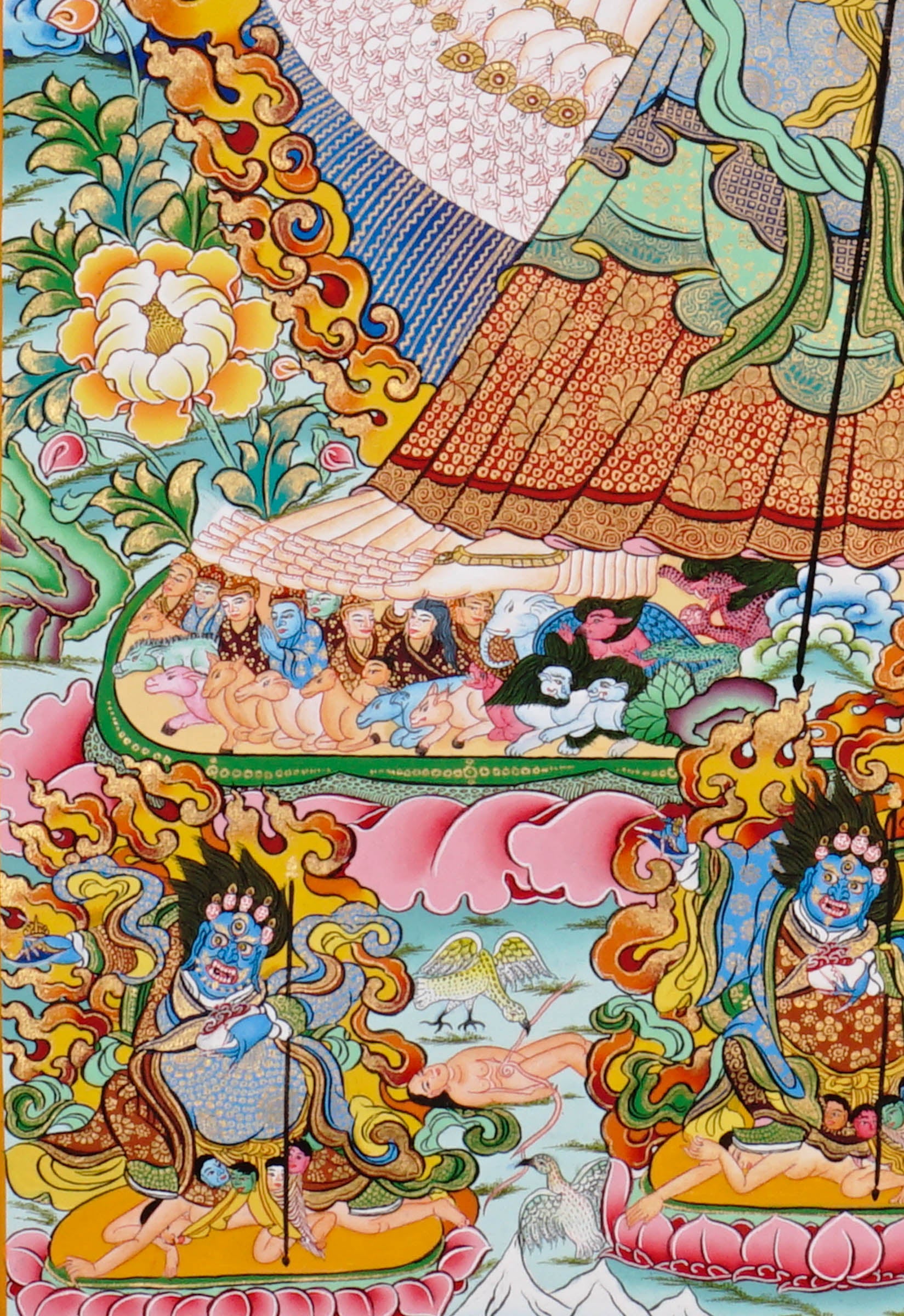 Hand-painted Dukkar thangka featuring the Tibetan Buddhist White Umbrella Goddess with multiple arms surrounded by sacred flames, celestial Buddhas, and protective symbolism