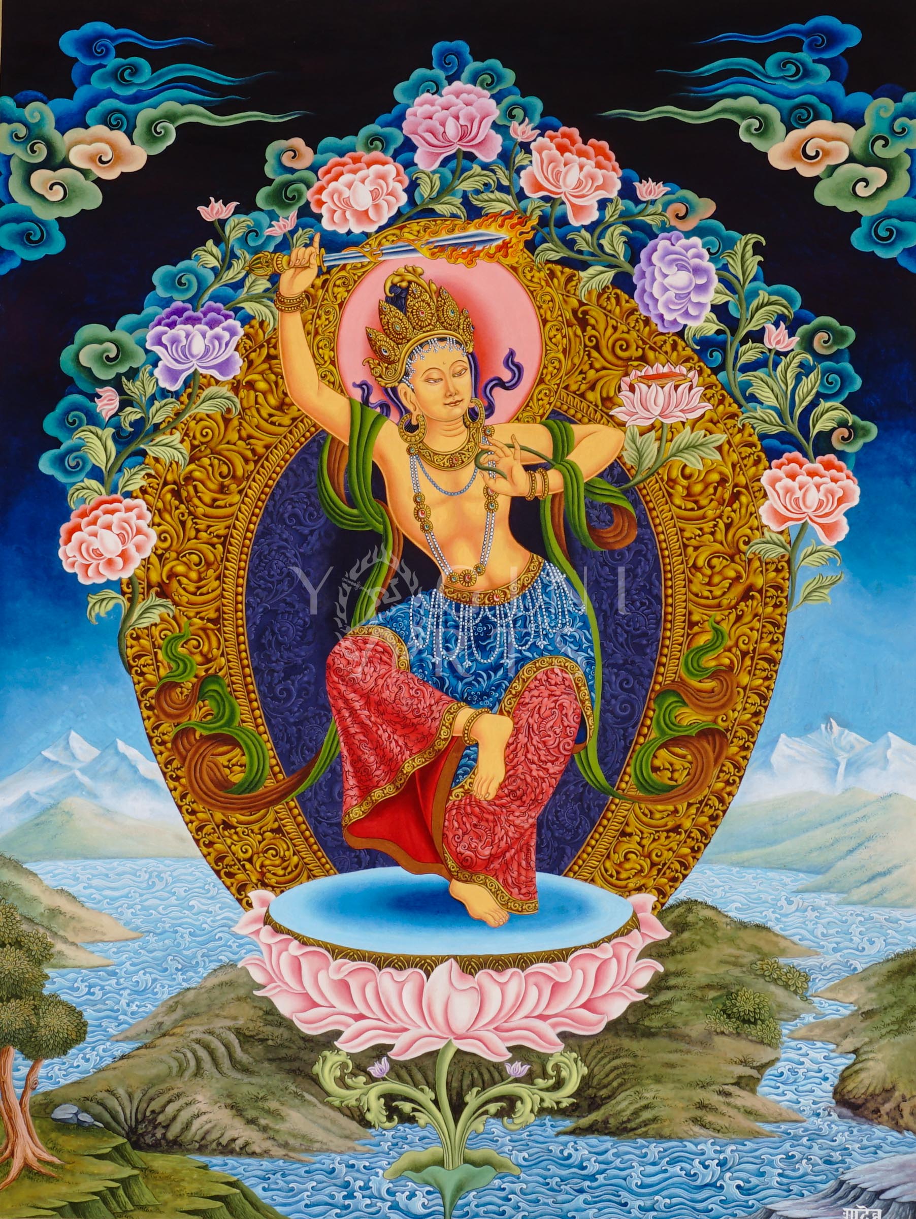 Newari Manjushree Tibetan thangka featuring the dancing Bodhisattva of Wisdom holding a flaming sword above a lotus throne with ornate floral designs