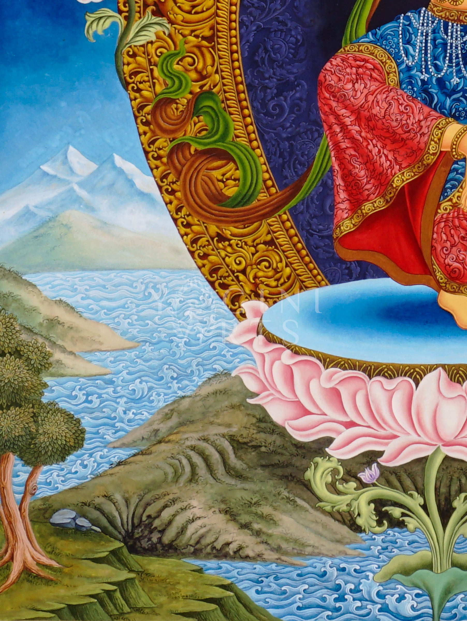 Newari Manjushree Tibetan thangka featuring the dancing Bodhisattva of Wisdom holding a flaming sword above a lotus throne with ornate floral designs