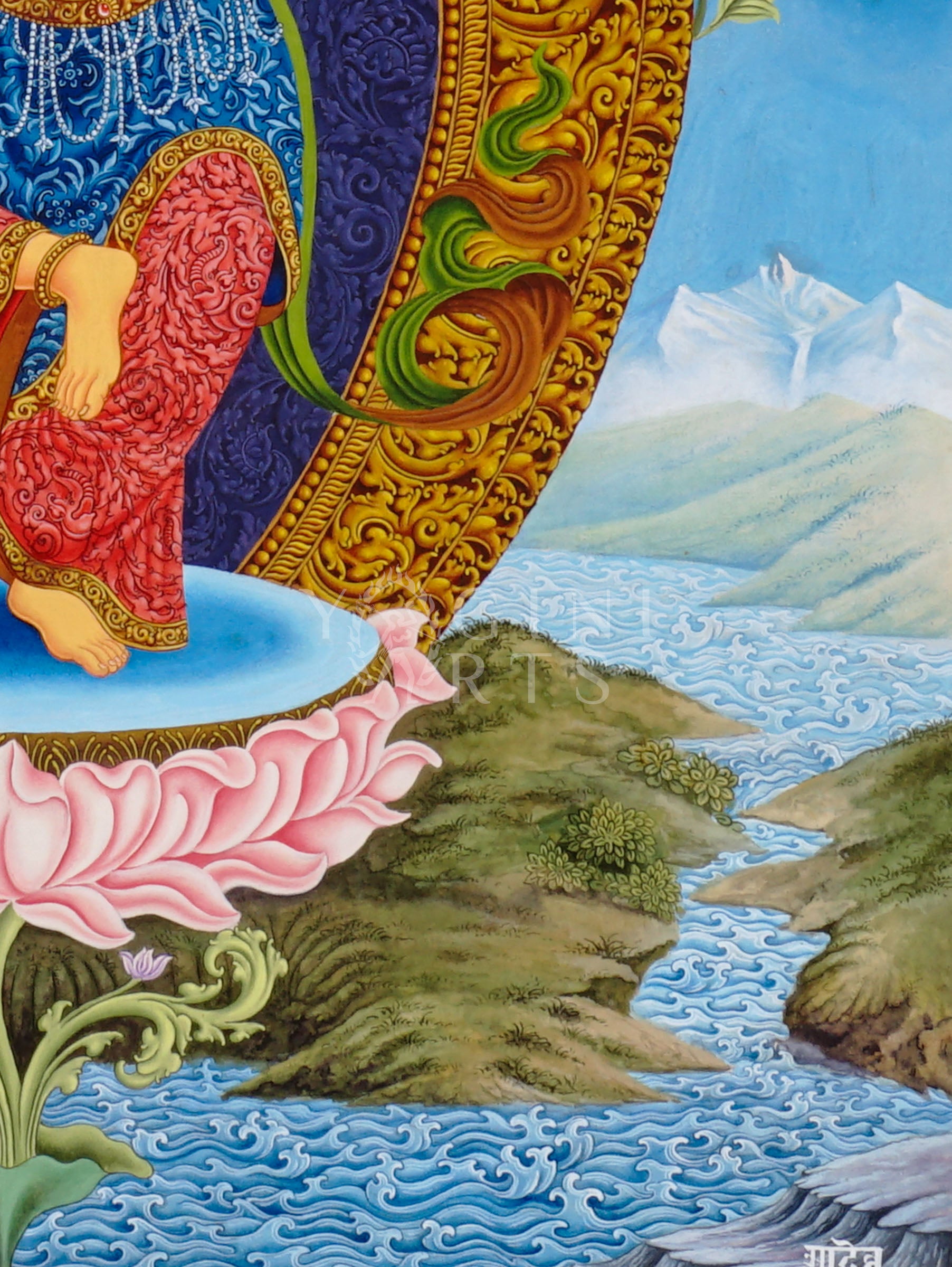Newari Manjushree Tibetan thangka featuring the dancing Bodhisattva of Wisdom holding a flaming sword above a lotus throne with ornate floral designs