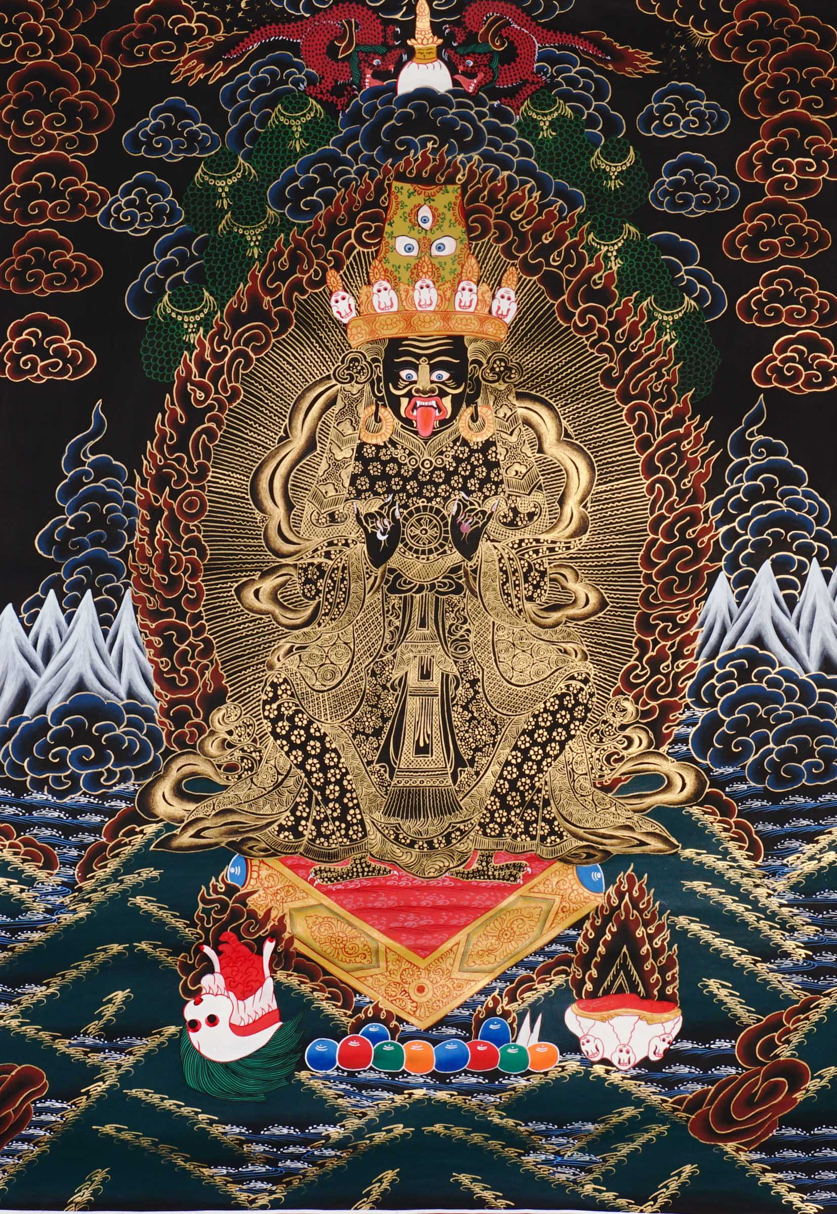 Hand-painted Black Gold Tibetan thangka featuring Zajhi Lhamo, a wrathful Buddhist protector deity surrounded by sacred flames and ornate gold detailing